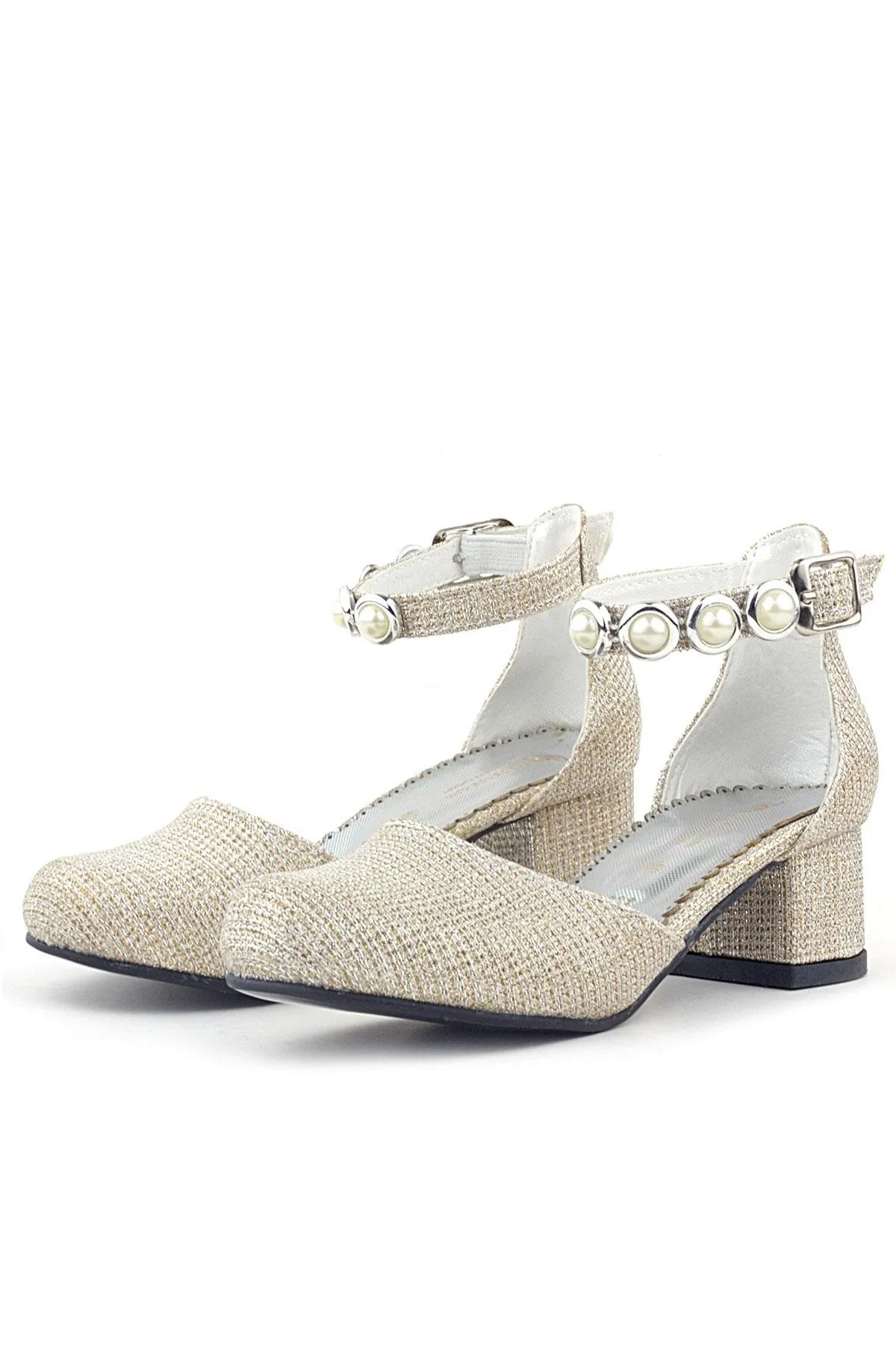 Merida Gold Simli Kalın Topuklu Taşlı Kız Çocuk Topuklu Ayakkabı