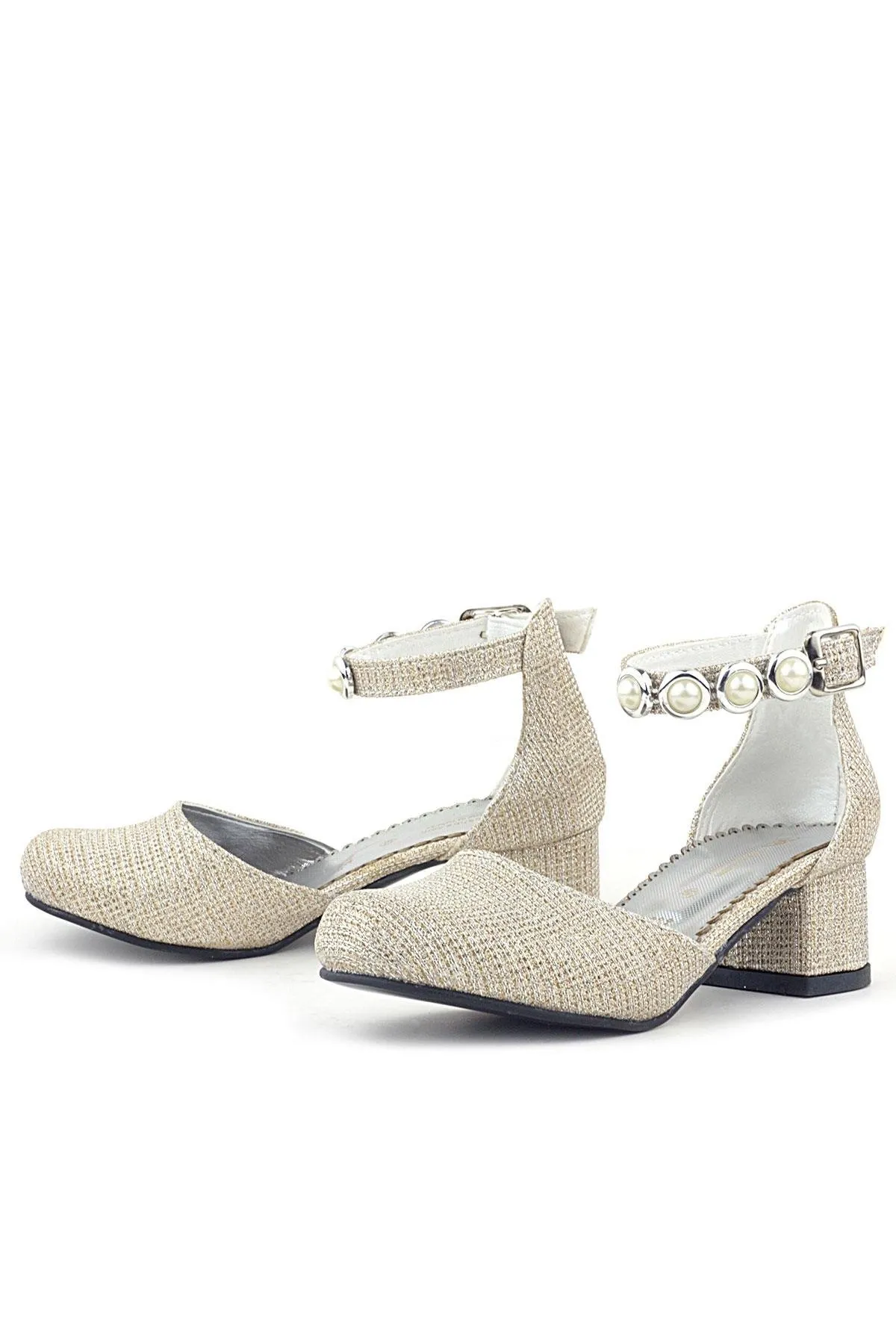 Merida Gold Simli Kalın Topuklu Taşlı Kız Çocuk Topuklu Ayakkabı