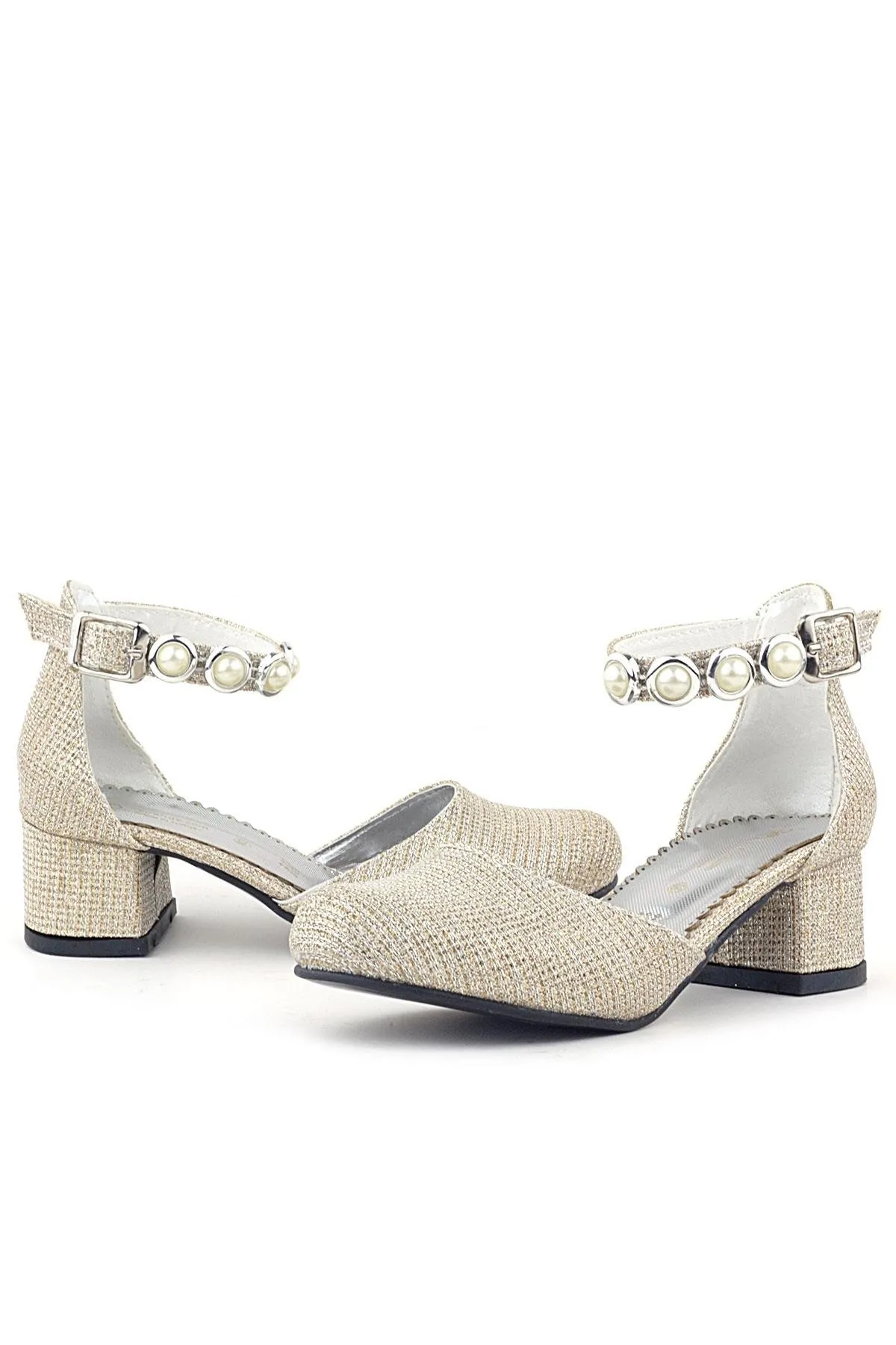 Merida Gold Simli Kalın Topuklu Taşlı Kız Çocuk Topuklu Ayakkabı