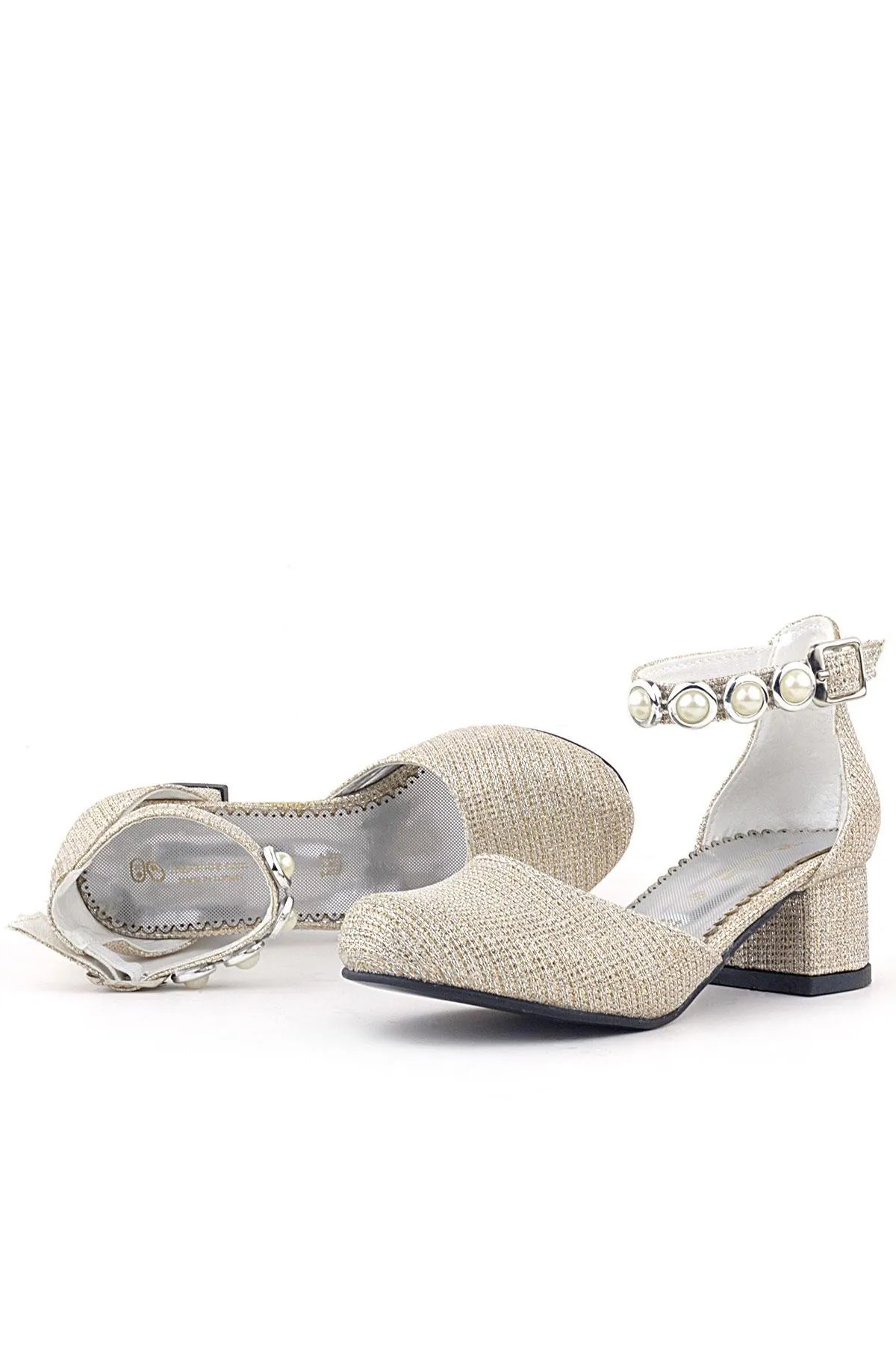 Merida Gold Simli Kalın Topuklu Taşlı Kız Çocuk Topuklu Ayakkabı