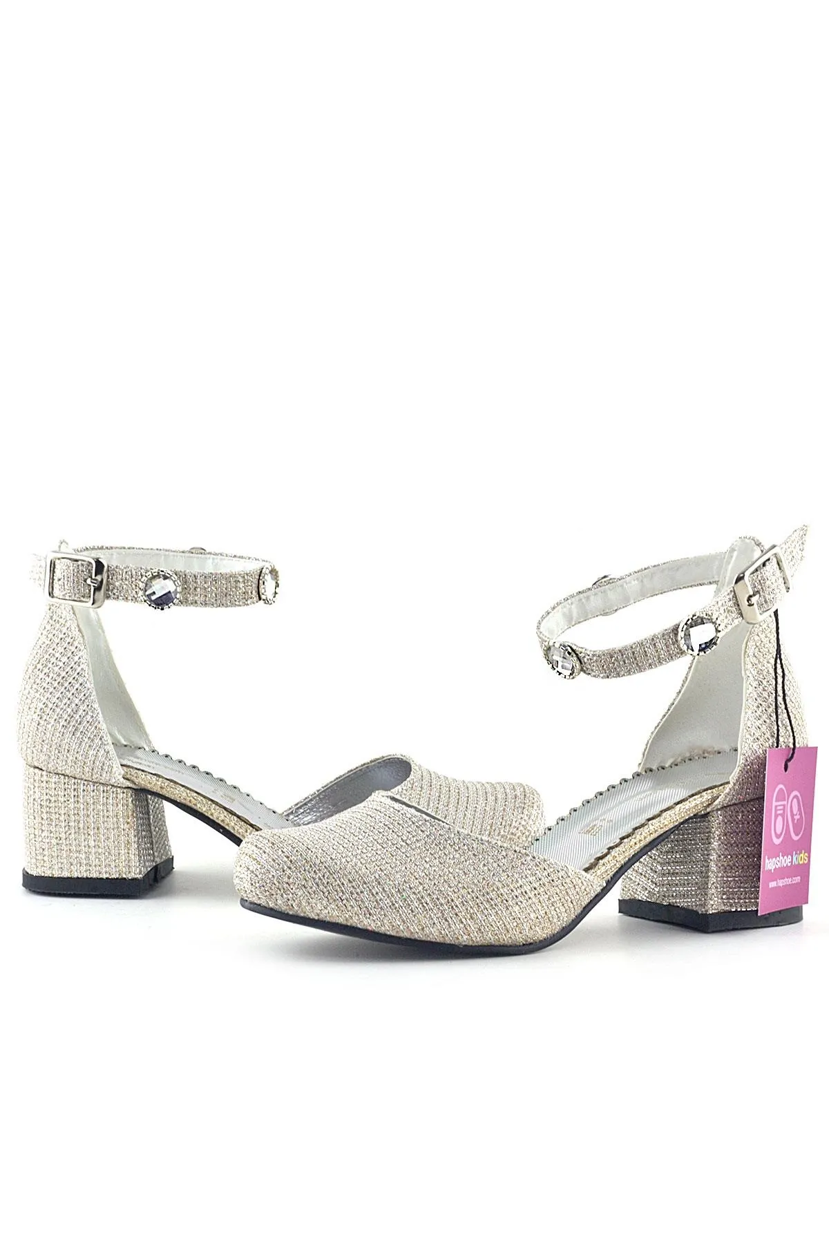 Merida Light Gold Simli Kalın Topuklu Taş Detaylı Kız Çocuk Topuklu Ayakkabı