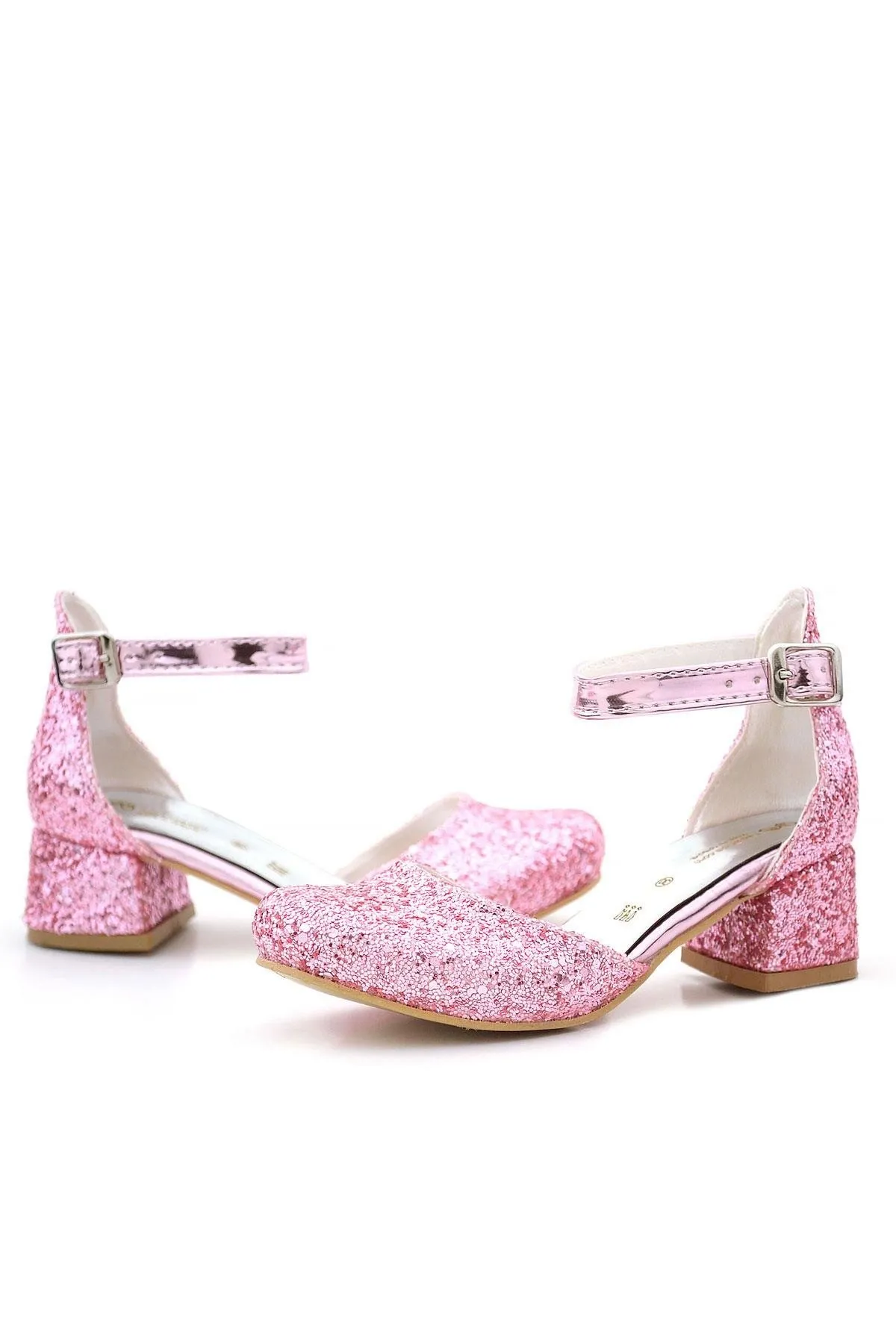 Merida Parlak Pembe Kalın Topuklu Taşlı Kız Çocuk Topuklu Ayakkabı