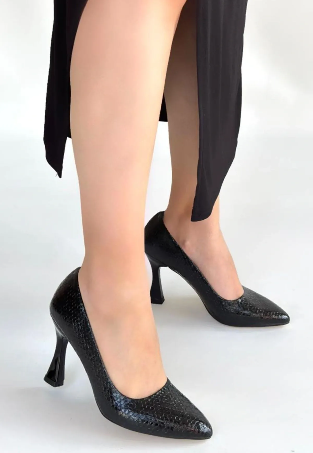 Merio Siyah Baskılı Rugan Topuklu Ayakkabı