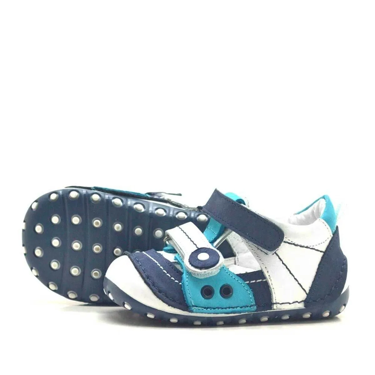 Nino Hakiki Deri Mavi Cırtlı Yazlık İlk Adım Bebek Ayakkabı