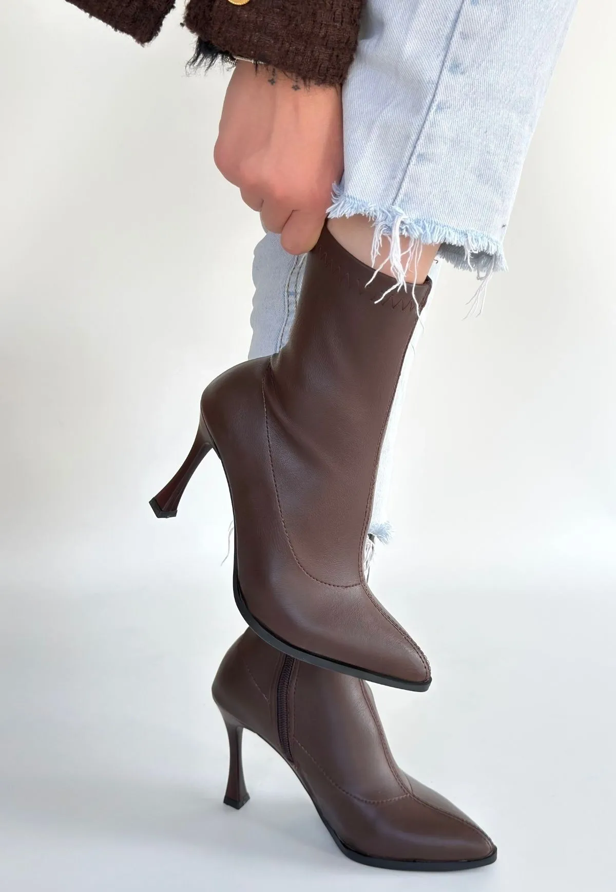 Orjen Kahverengi Cilt Streç Topuklu Bot