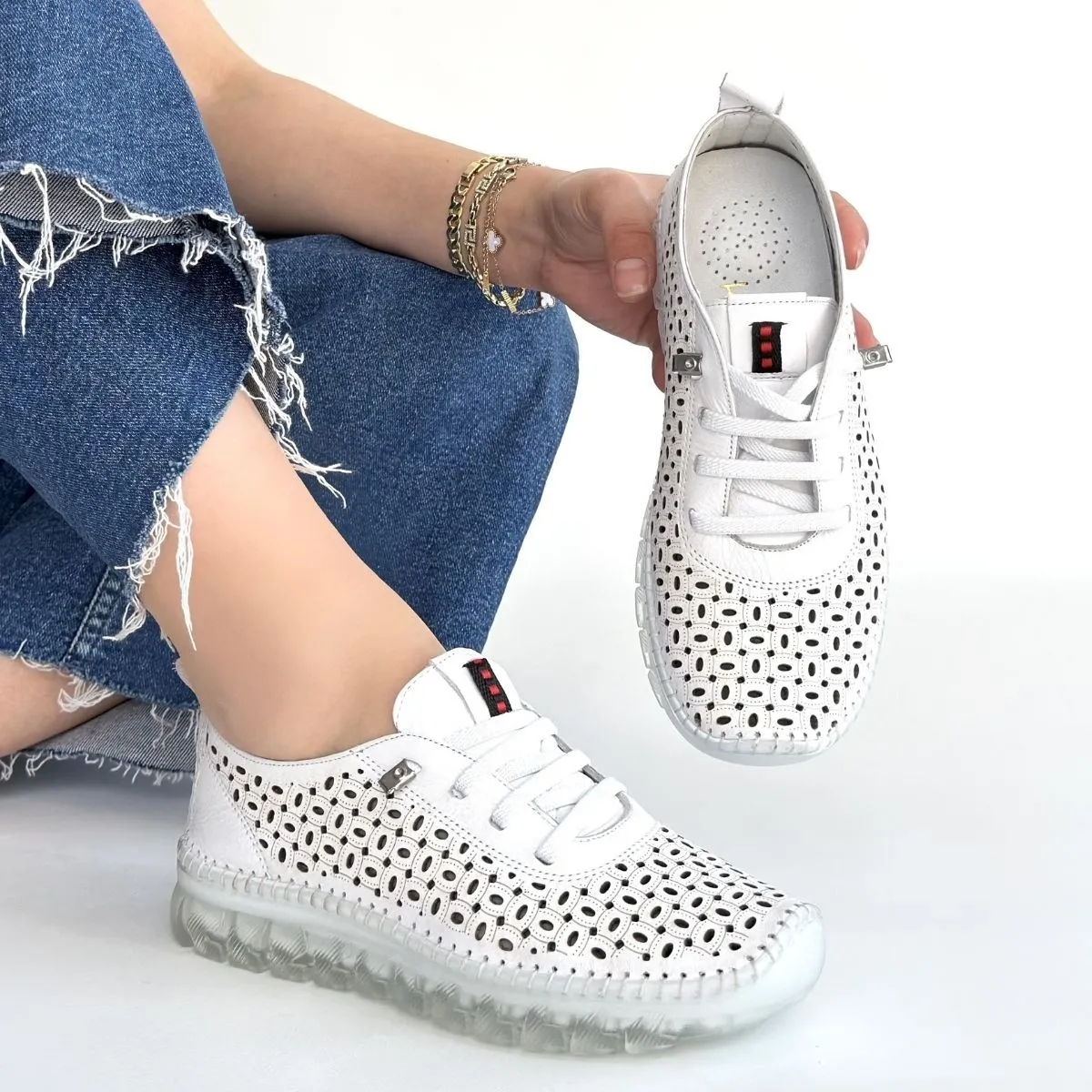 Otja Beyaz Deri Lazerli Bağcıklı Spor Ayakkabı