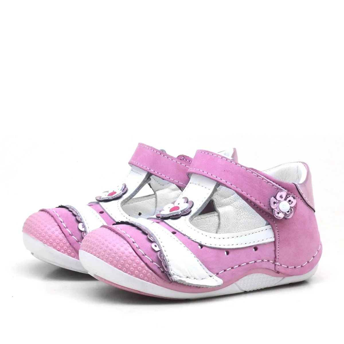 Pembe Pullu Hakiki Deri Cırtlı Yazlık Kız Bebek Ayakkabı