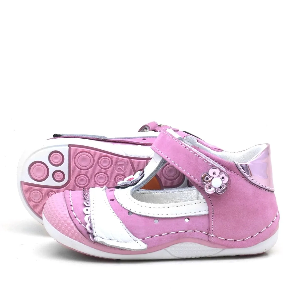 Pembe Pullu Hakiki Deri Cırtlı Yazlık Kız Bebek Ayakkabı