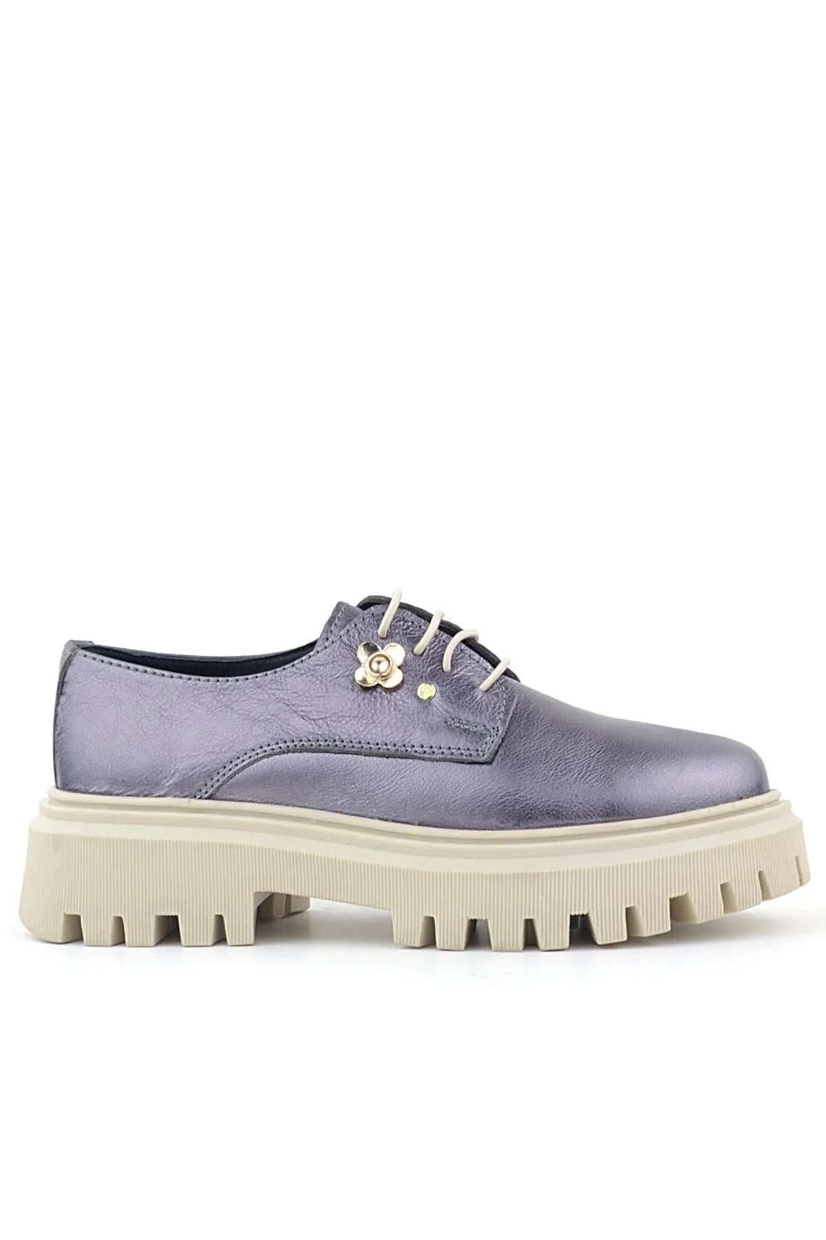 Platin Hakiki Deri Çiçek Detaylı Bağcıklı Oxford Günlük Ayakkabı