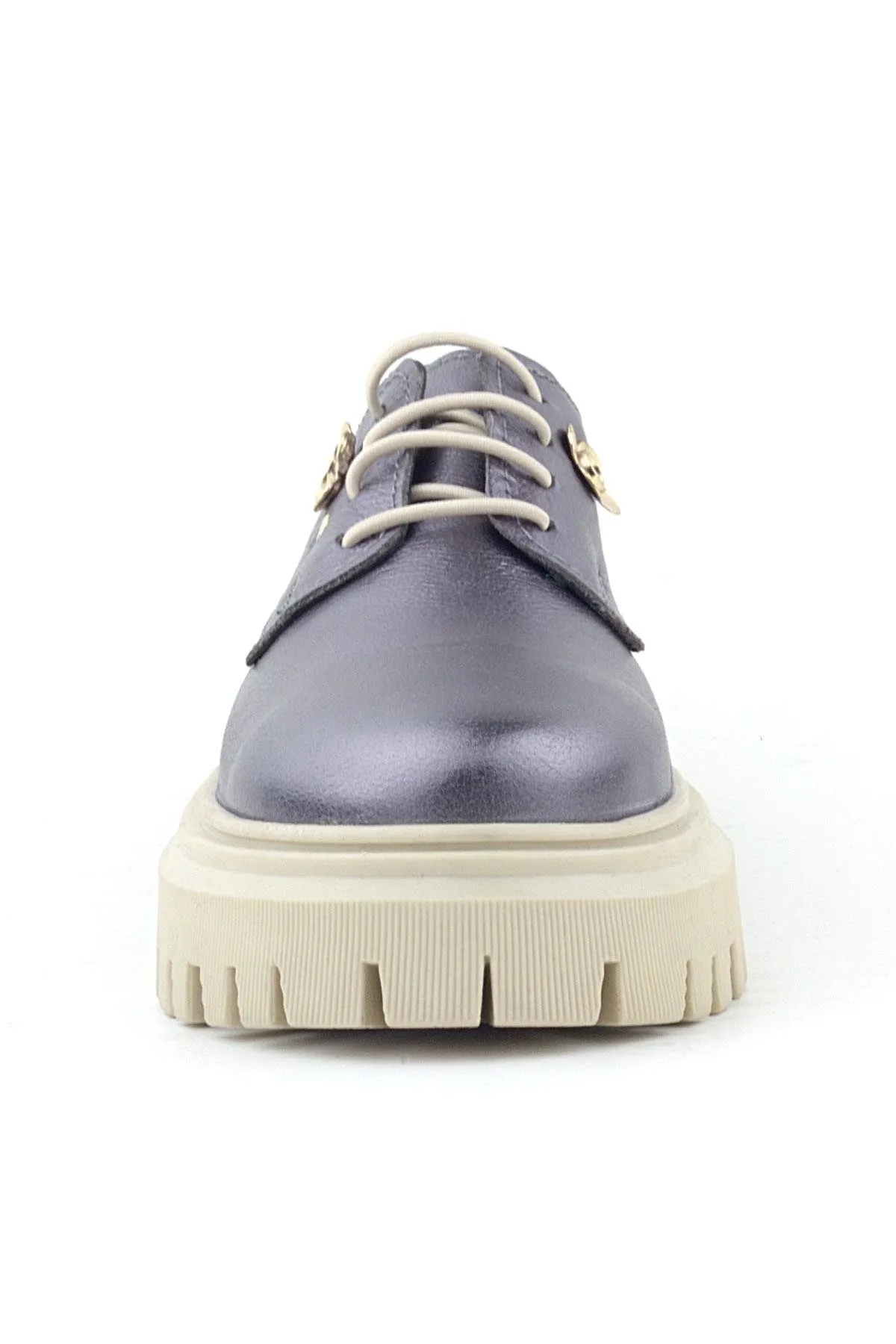 Platin Hakiki Deri Çiçek Detaylı Bağcıklı Oxford Günlük Ayakkabı