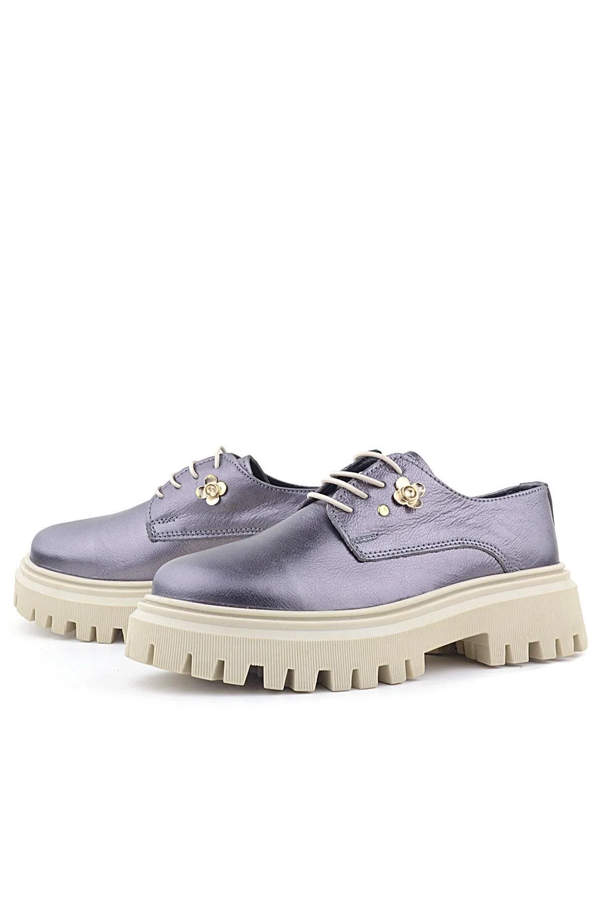 Platin Hakiki Deri Çiçek Detaylı Bağcıklı Oxford Günlük Ayakkabı