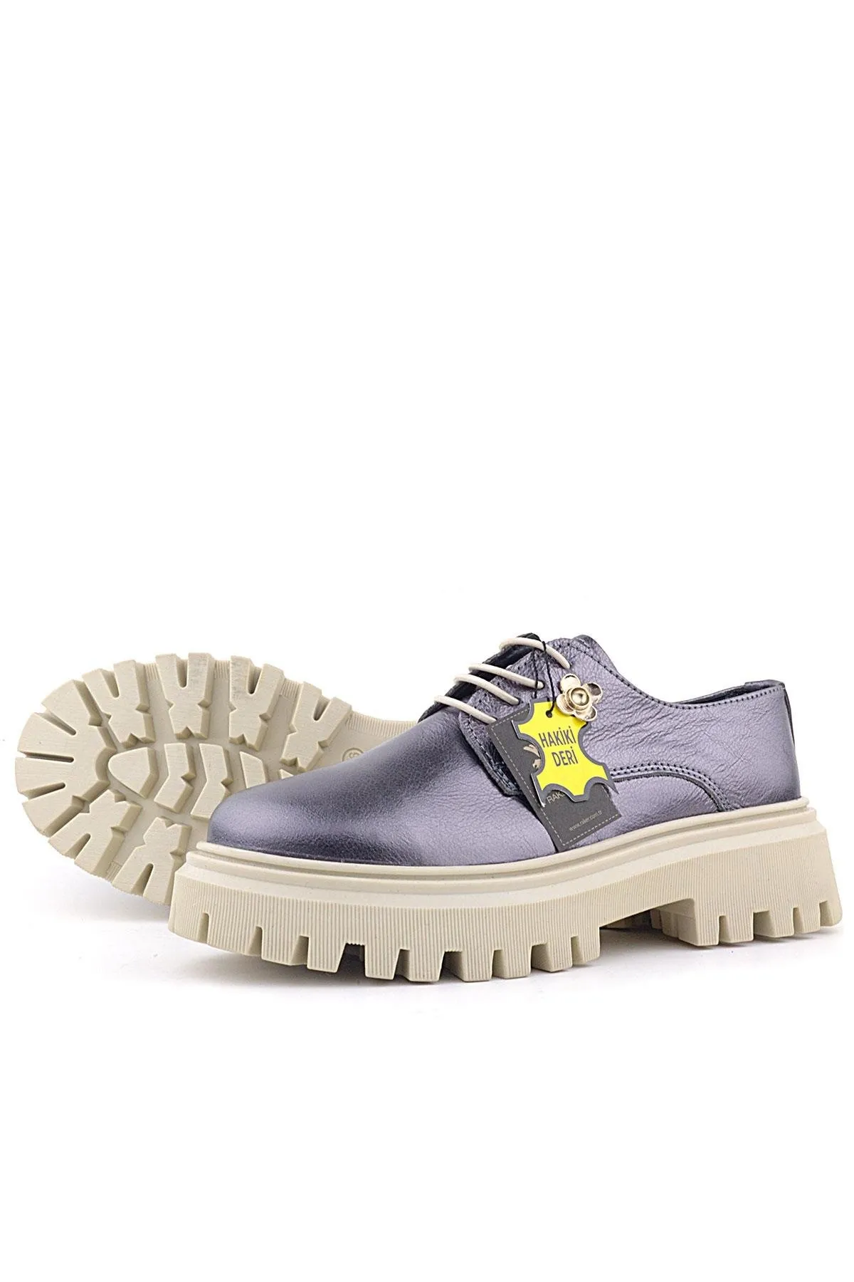 Platin Hakiki Deri Çiçek Detaylı Bağcıklı Oxford Günlük Ayakkabı