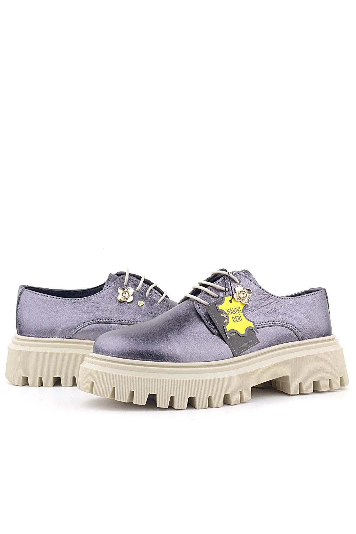 Platin Hakiki Deri Çiçek Detaylı Bağcıklı Oxford Günlük Ayakkabı