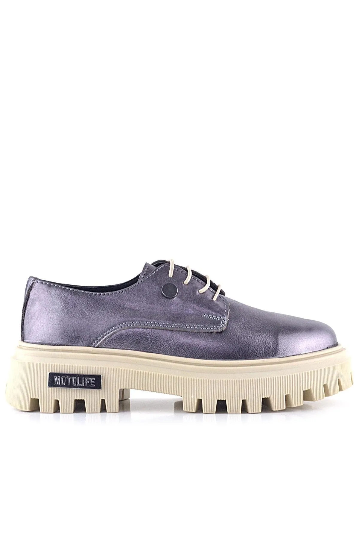 Platin Hakiki Deri Metal Detaylı Bağcıklı Günlük Oxford Ayakkabı