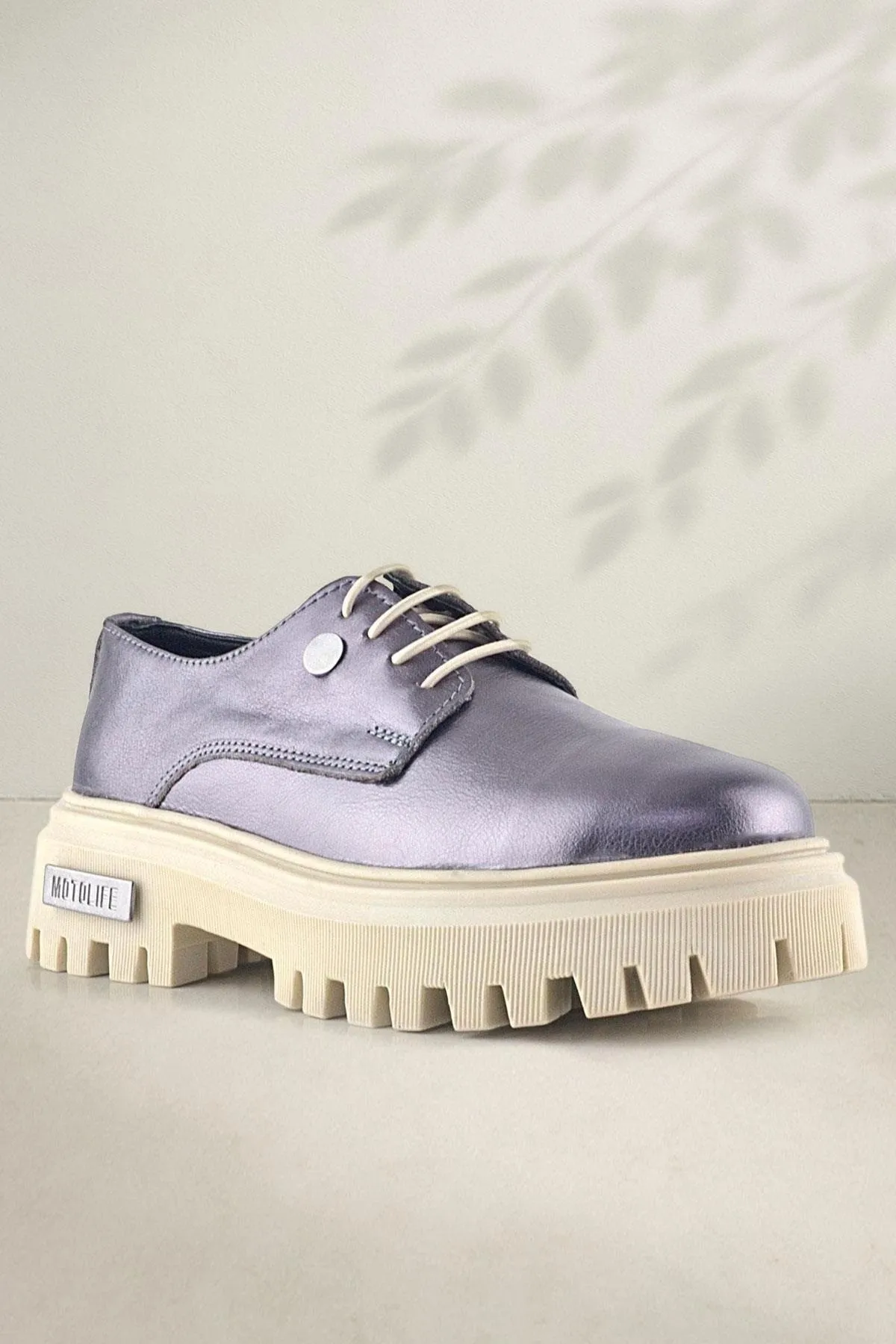 Platin Hakiki Deri Metal Detaylı Bağcıklı Günlük Oxford Ayakkabı