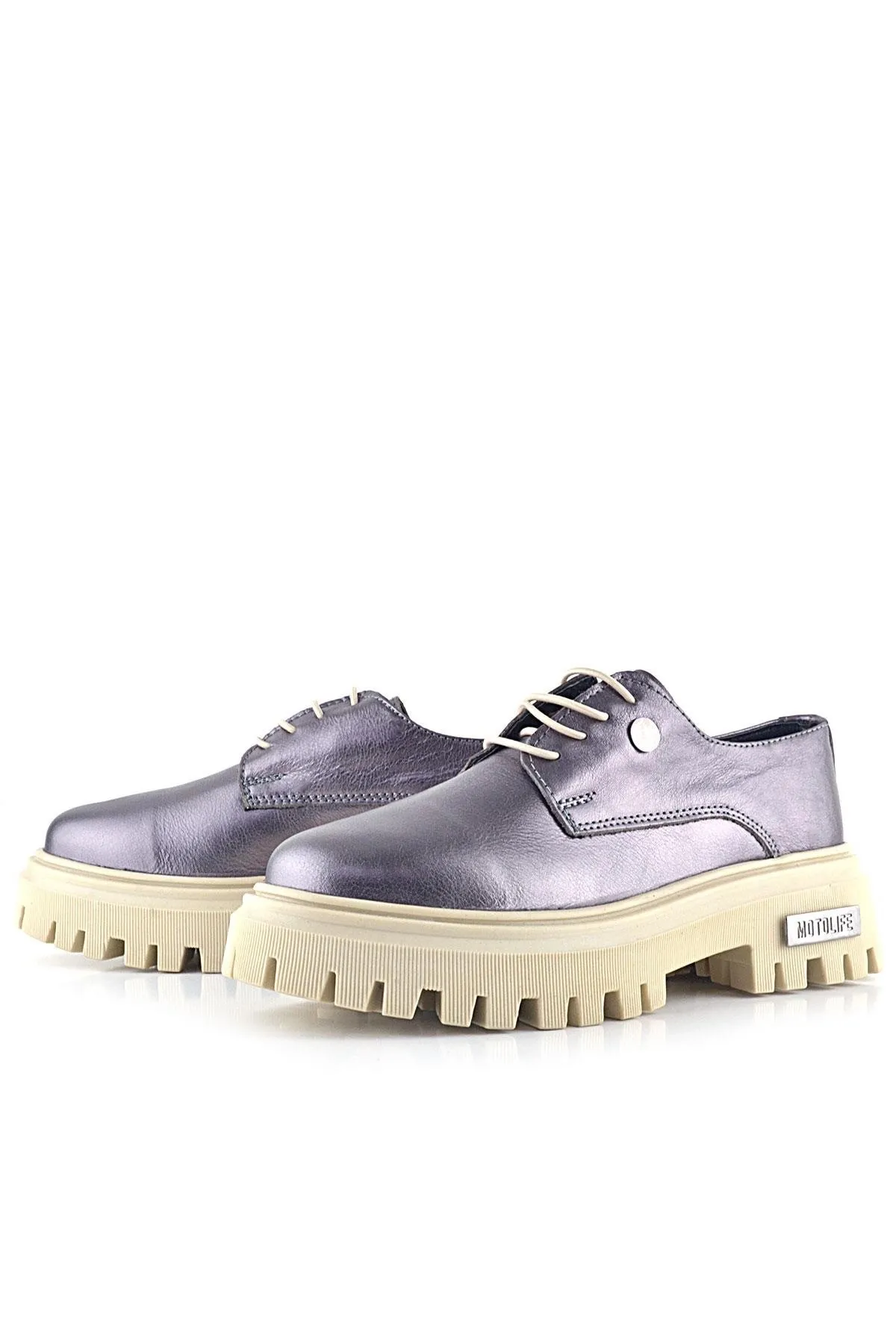 Platin Hakiki Deri Metal Detaylı Bağcıklı Günlük Oxford Ayakkabı