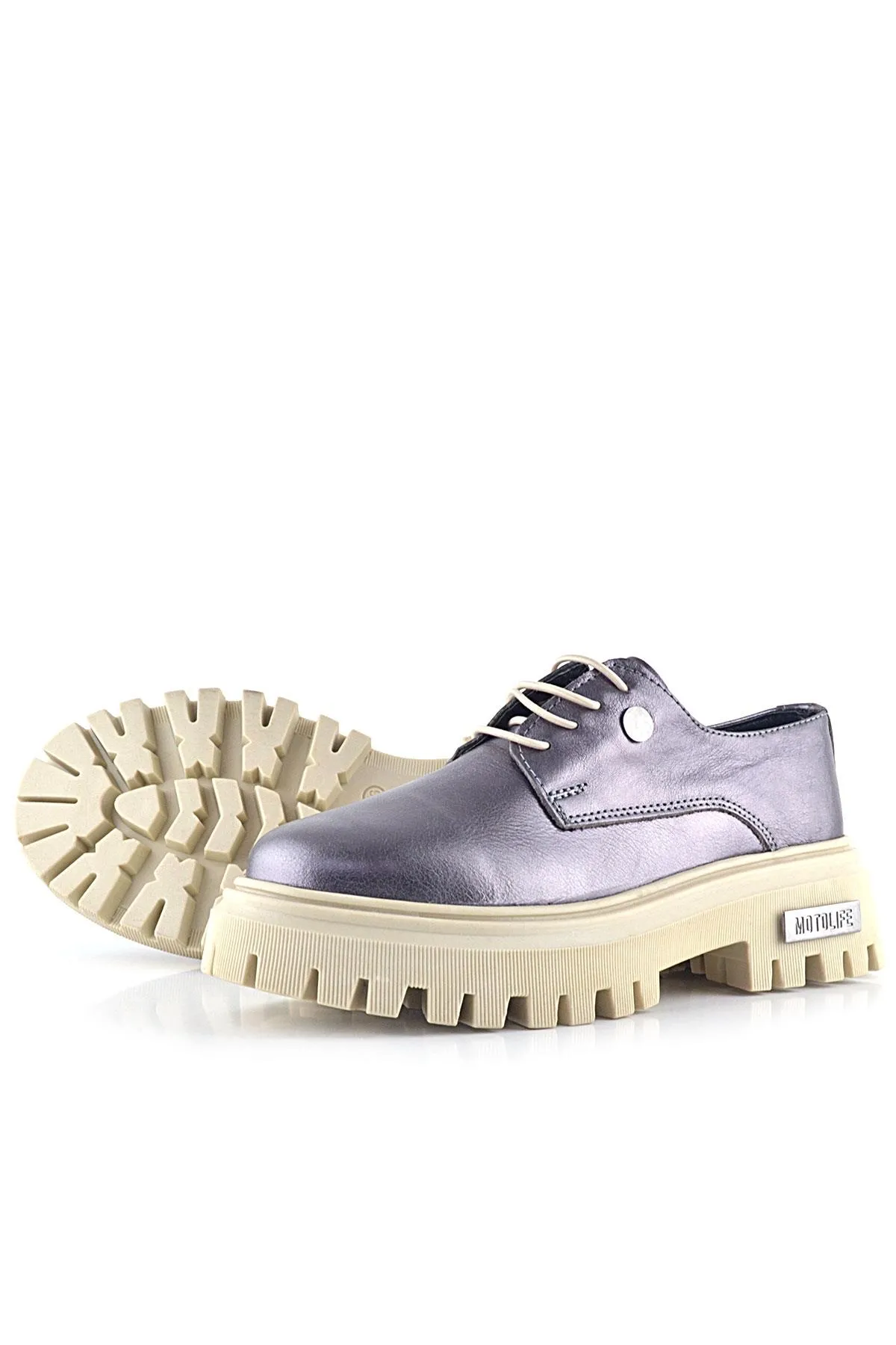 Platin Hakiki Deri Metal Detaylı Bağcıklı Günlük Oxford Ayakkabı