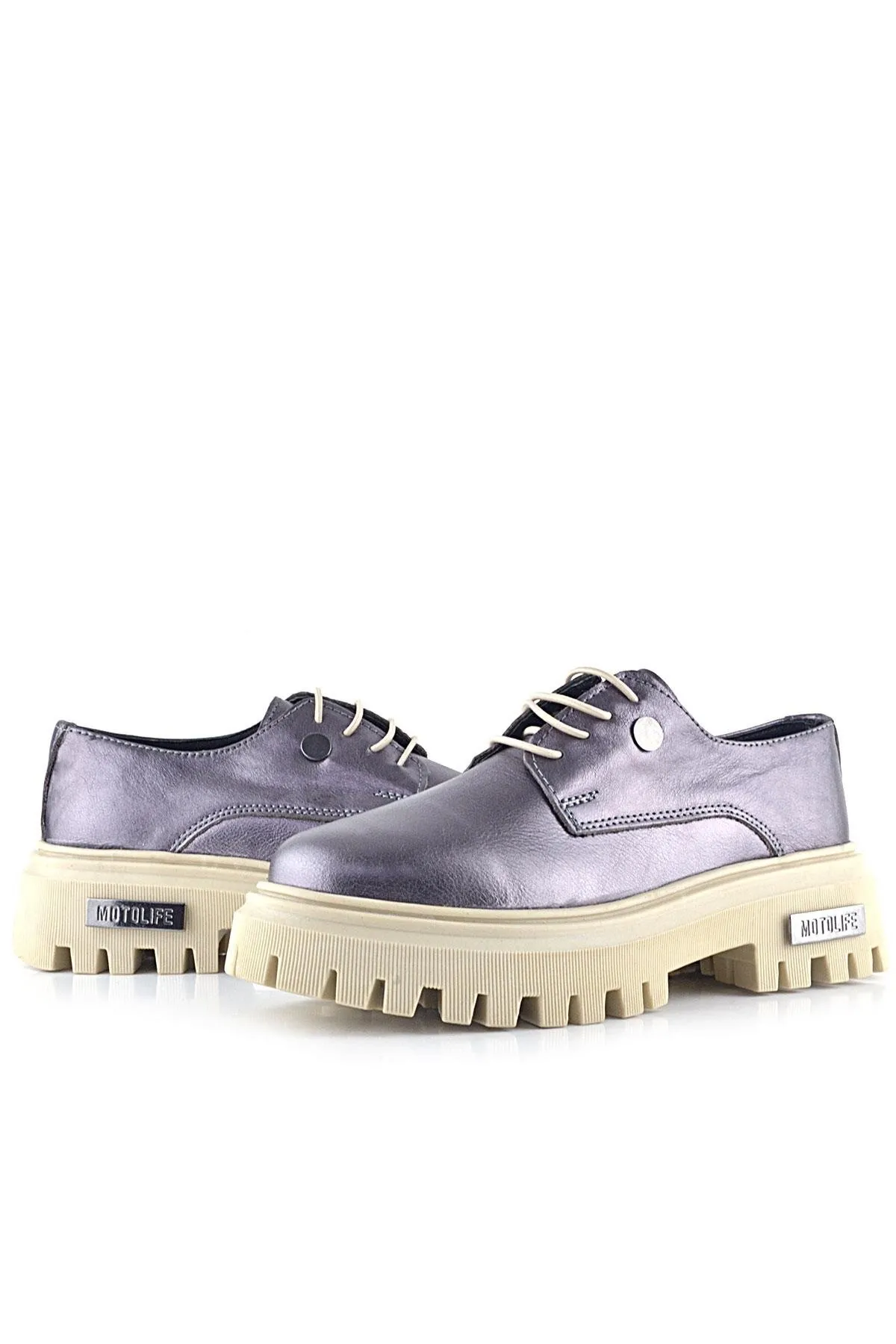 Platin Hakiki Deri Metal Detaylı Bağcıklı Günlük Oxford Ayakkabı