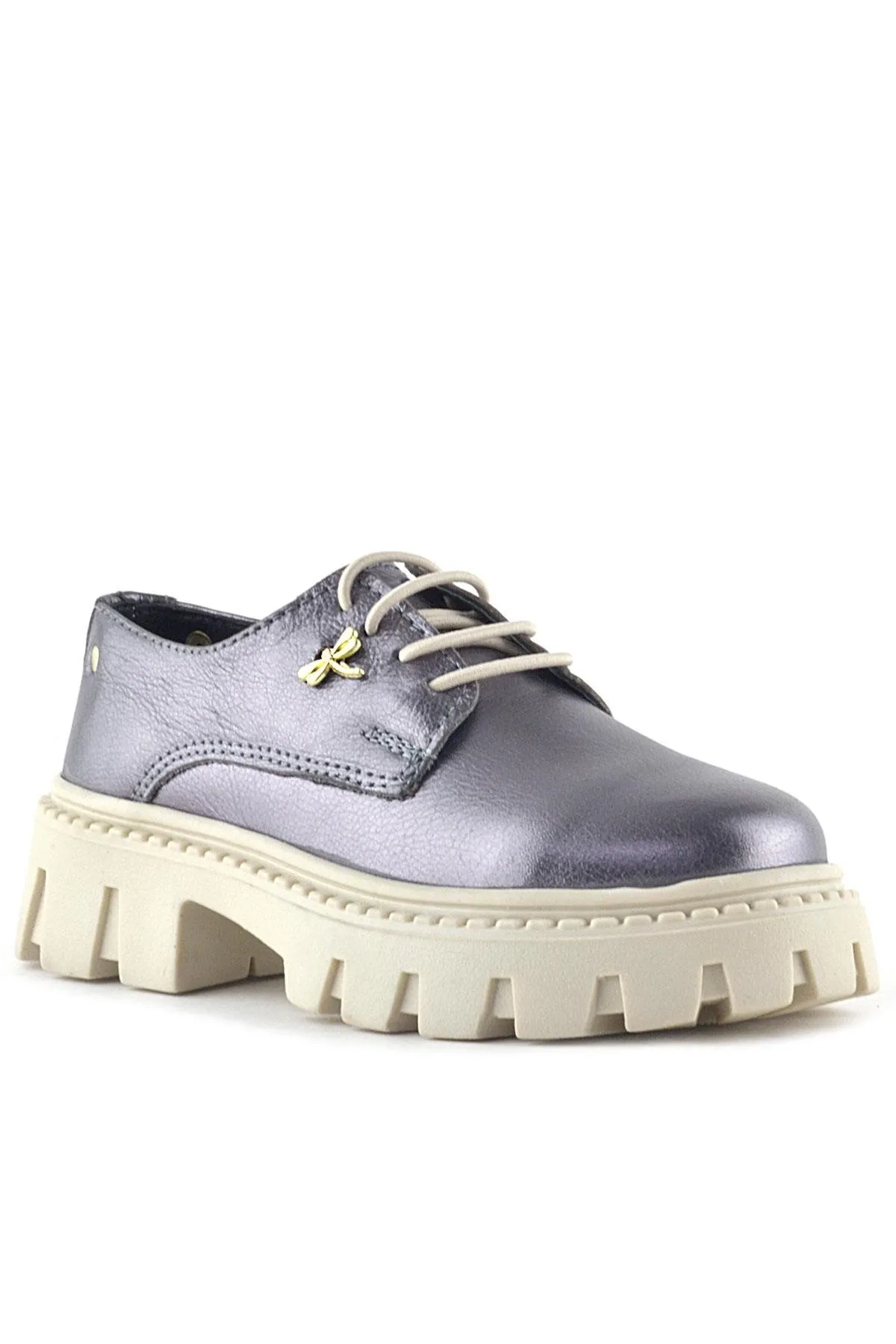 Platin Hakiki Deri Toka Detaylı Bağcıklı Kız Çocuk Günlük Ayakkabı