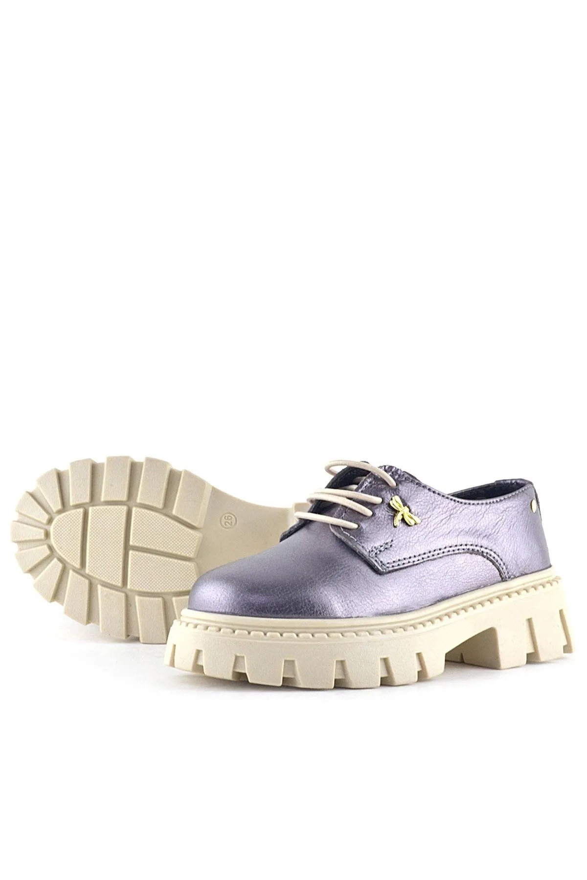 Platin Hakiki Deri Toka Detaylı Bağcıklı Kız Çocuk Günlük Ayakkabı