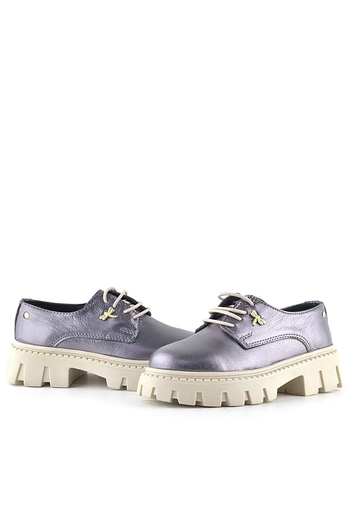 Platin Hakiki Deri Toka Detaylı Bağcıklı Kız Çocuk Günlük Ayakkabı