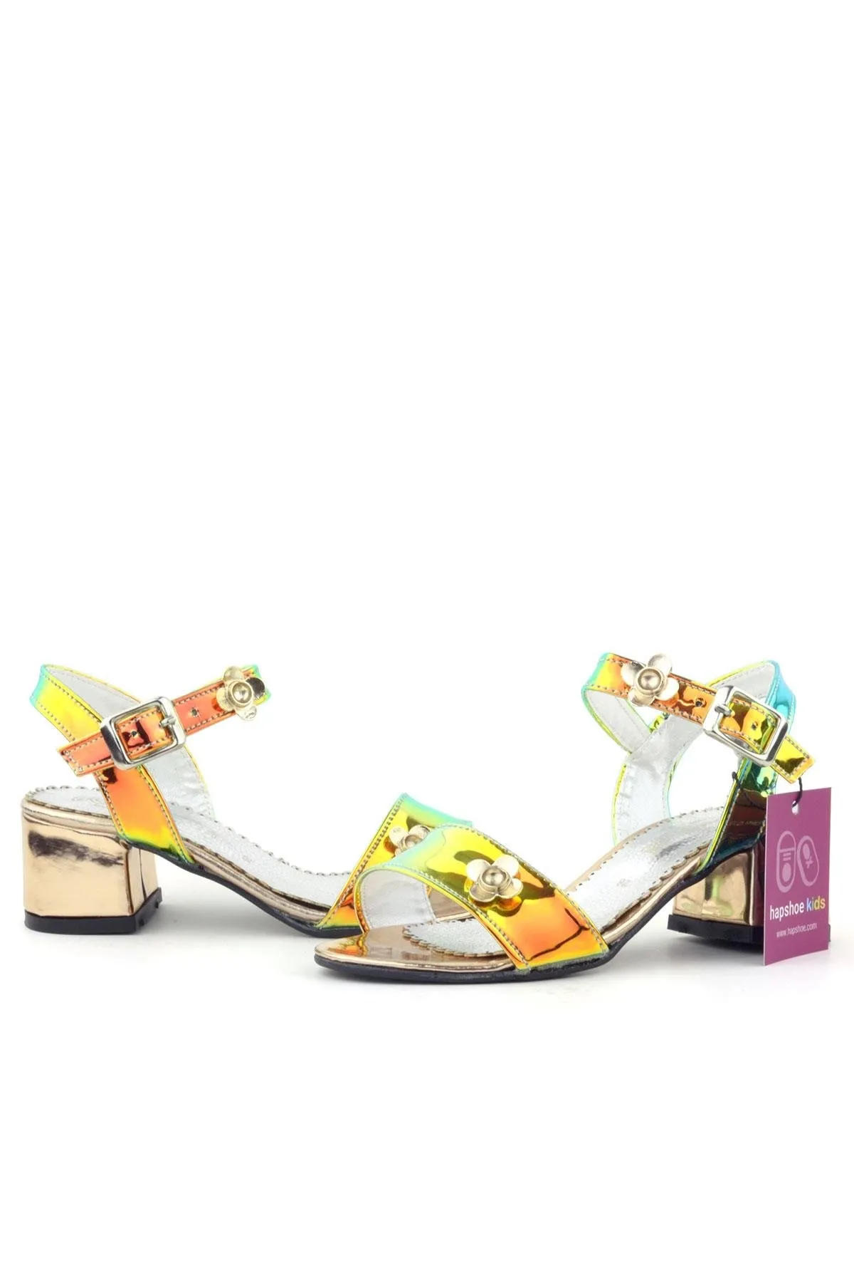 Pony Hologram Bakır Yeşil Kalın Topuklu Çiçek Detaylı Kız Çocuk Abiye Ayakkabı