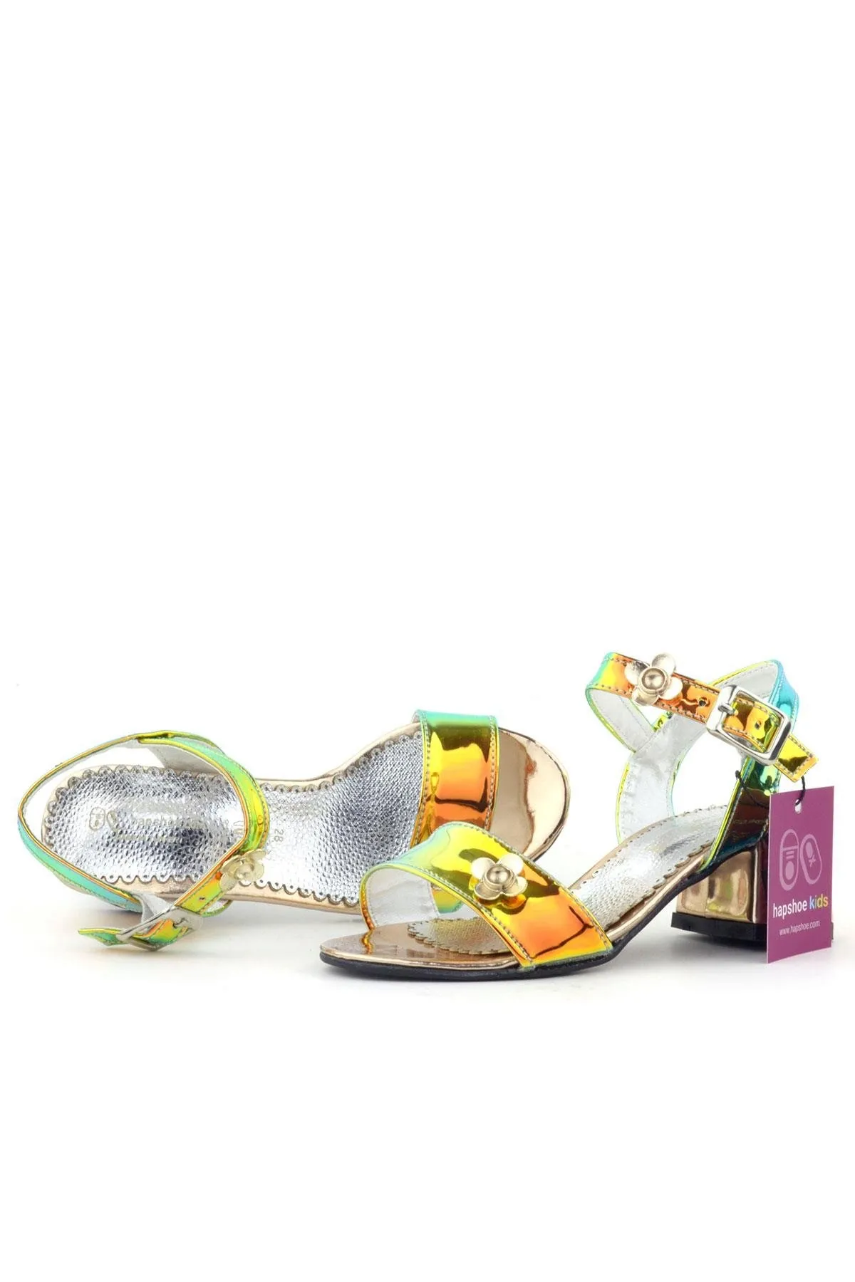 Pony Hologram Bakır Yeşil Kalın Topuklu Çiçek Detaylı Kız Çocuk Abiye Ayakkabı