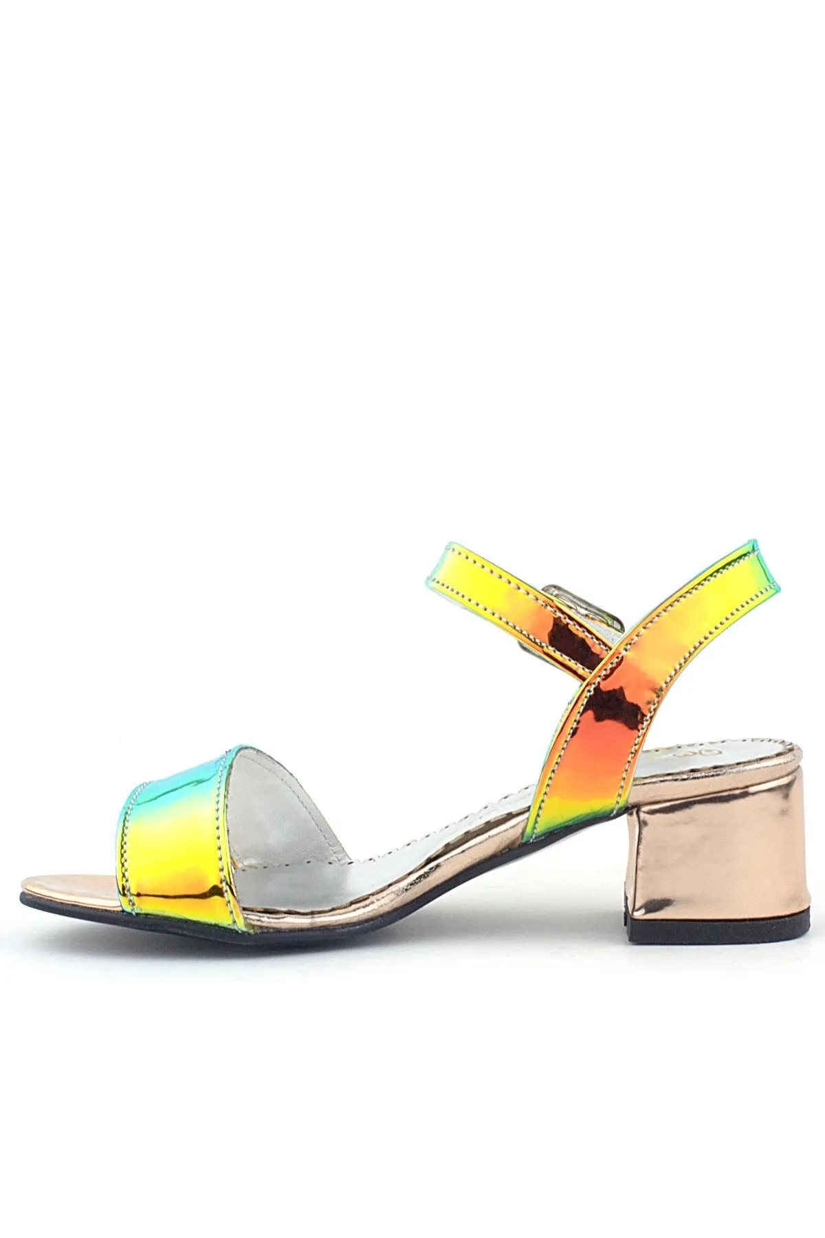 Pony Hologram Bakır Yeşil Kalın Topuklu Kız Çocuk Taş Detaylı Abiye Ayakkabı