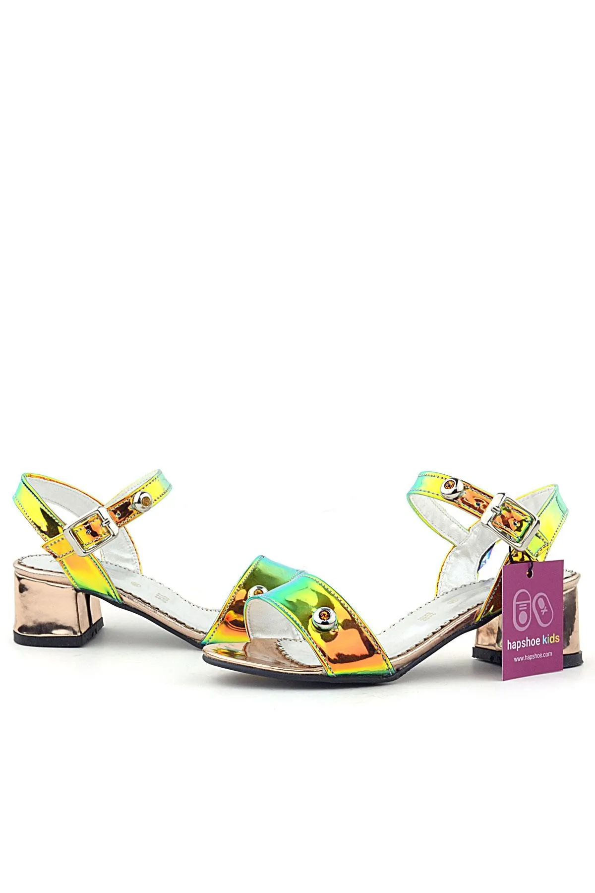 Pony Hologram Bakır Yeşil Kalın Topuklu Kız Çocuk Taş Detaylı Abiye Ayakkabı