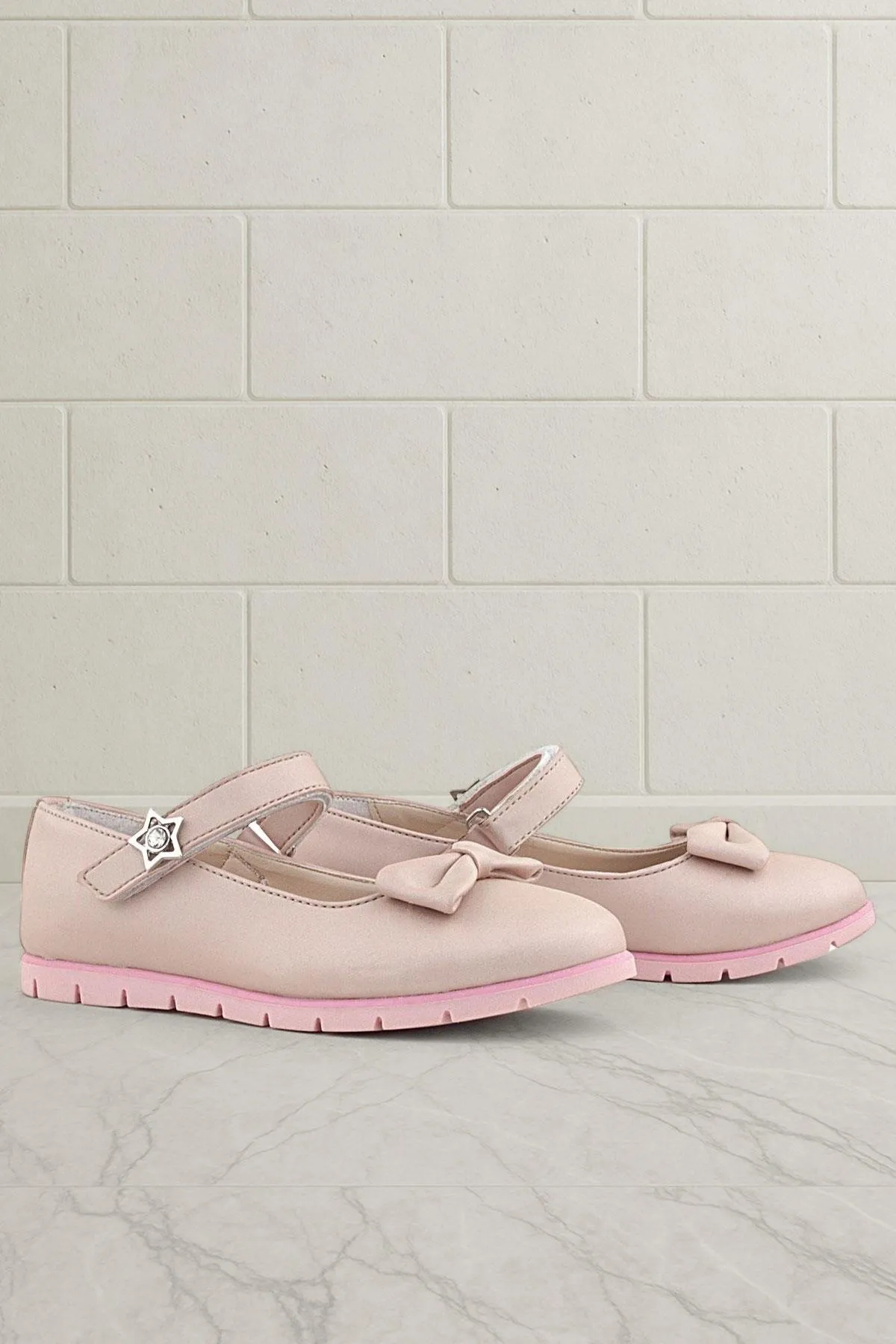 Pudra Fiyonklu Cırtlı Yıldızlı Kız Çocuk Babet