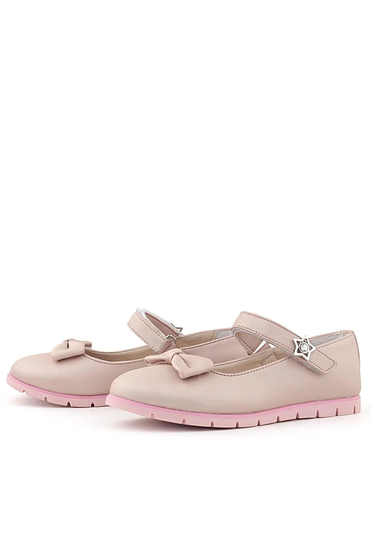 Pudra Fiyonklu Cırtlı Yıldızlı Kız Çocuk Babet