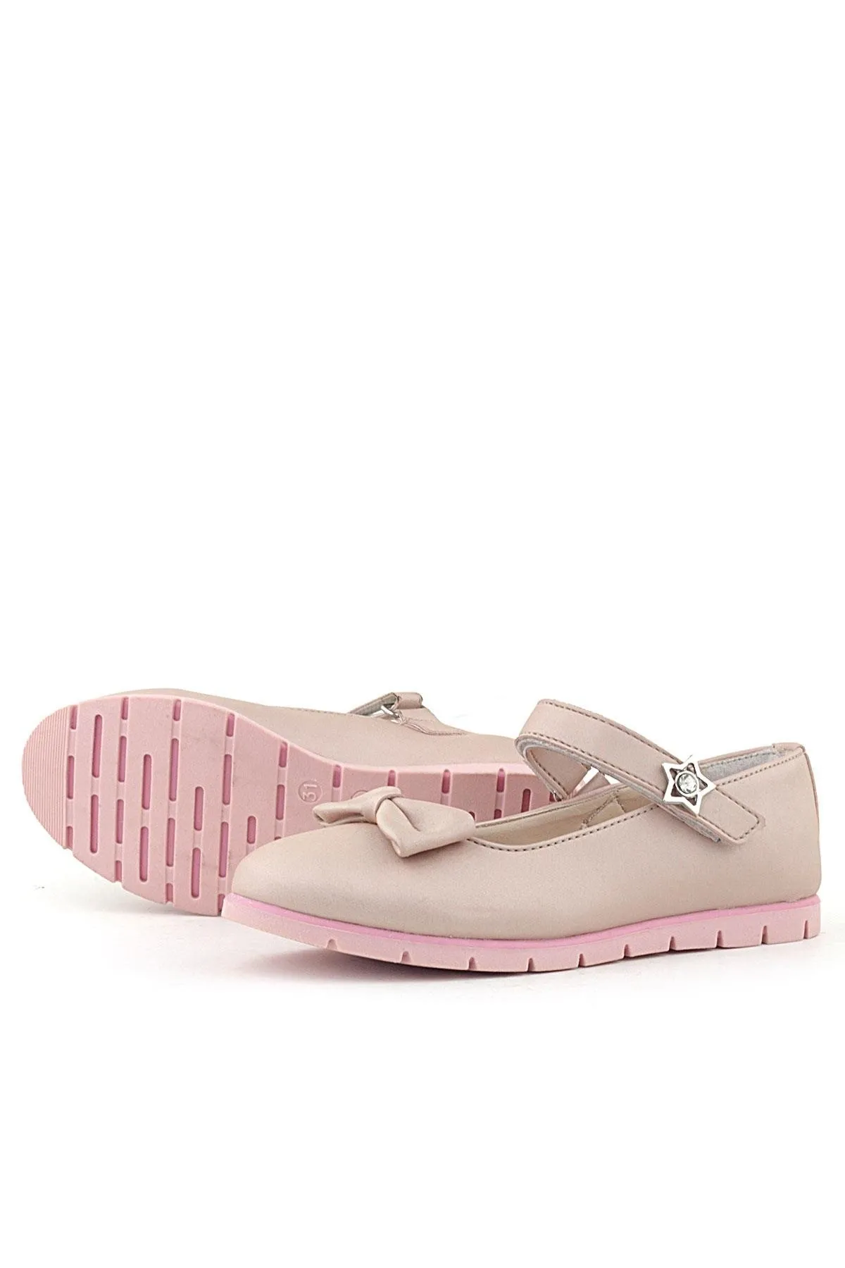 Pudra Fiyonklu Cırtlı Yıldızlı Kız Çocuk Babet