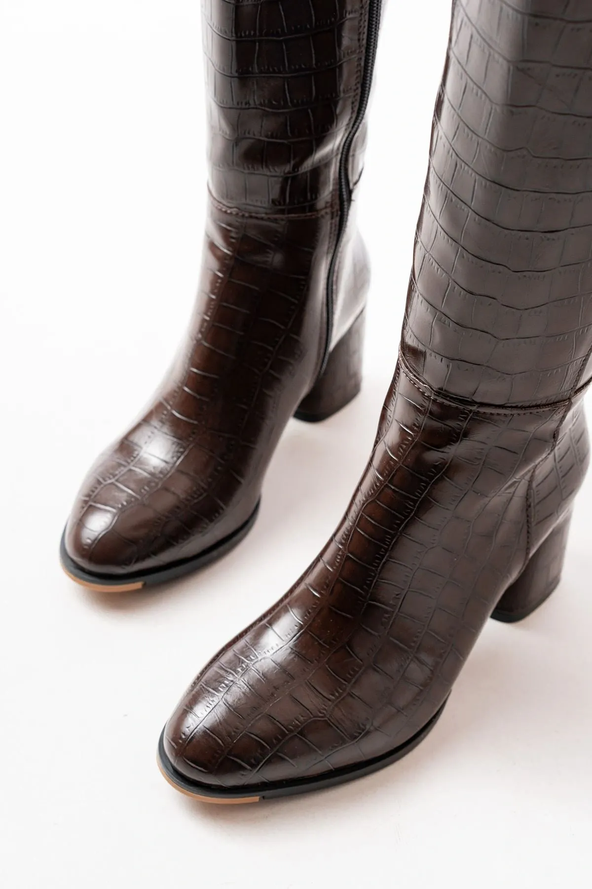 Rs-2432 Kahverengi Kroko Topuklu Fermuarlı Günlük Kadın Çizme