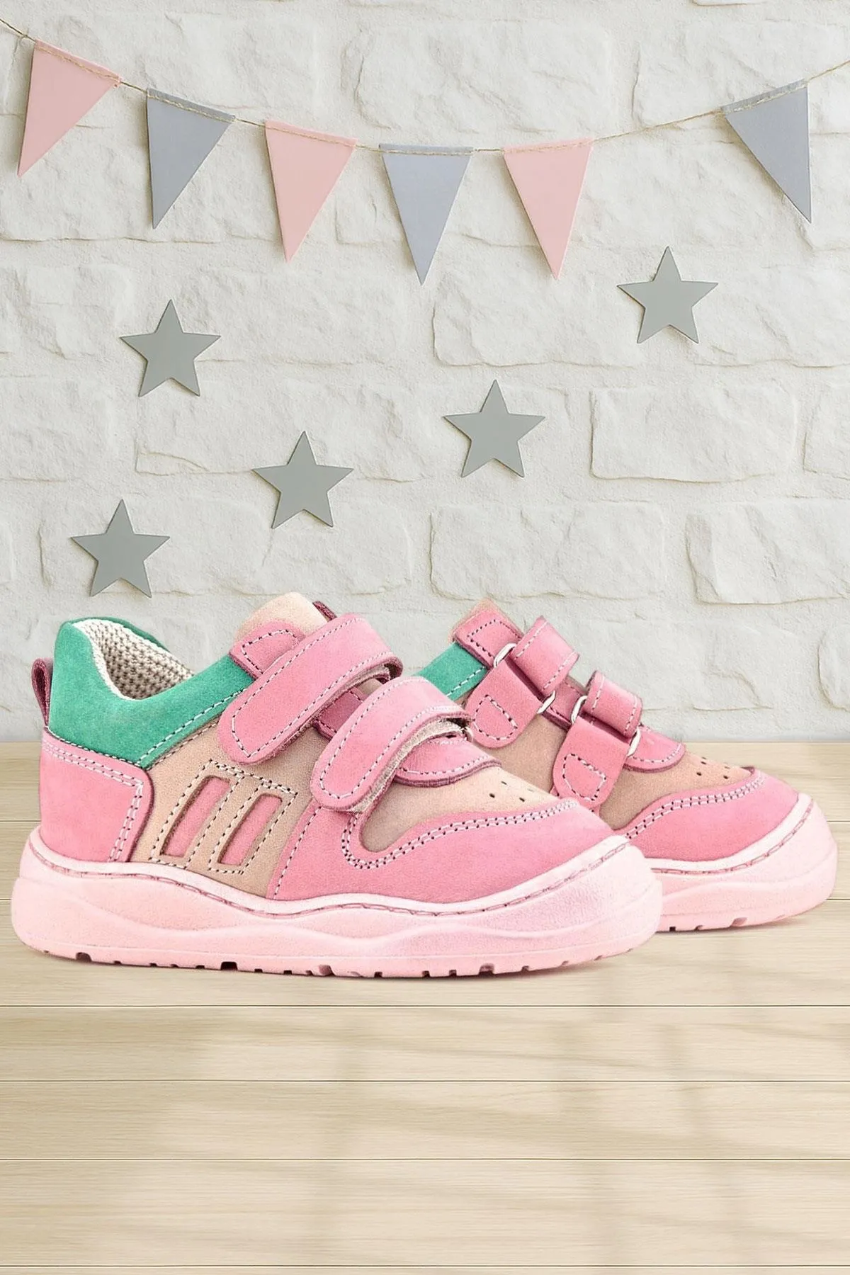 Schaggy Hakiki Deri Pembe Yeşil Bebek Spor Ayakkabı