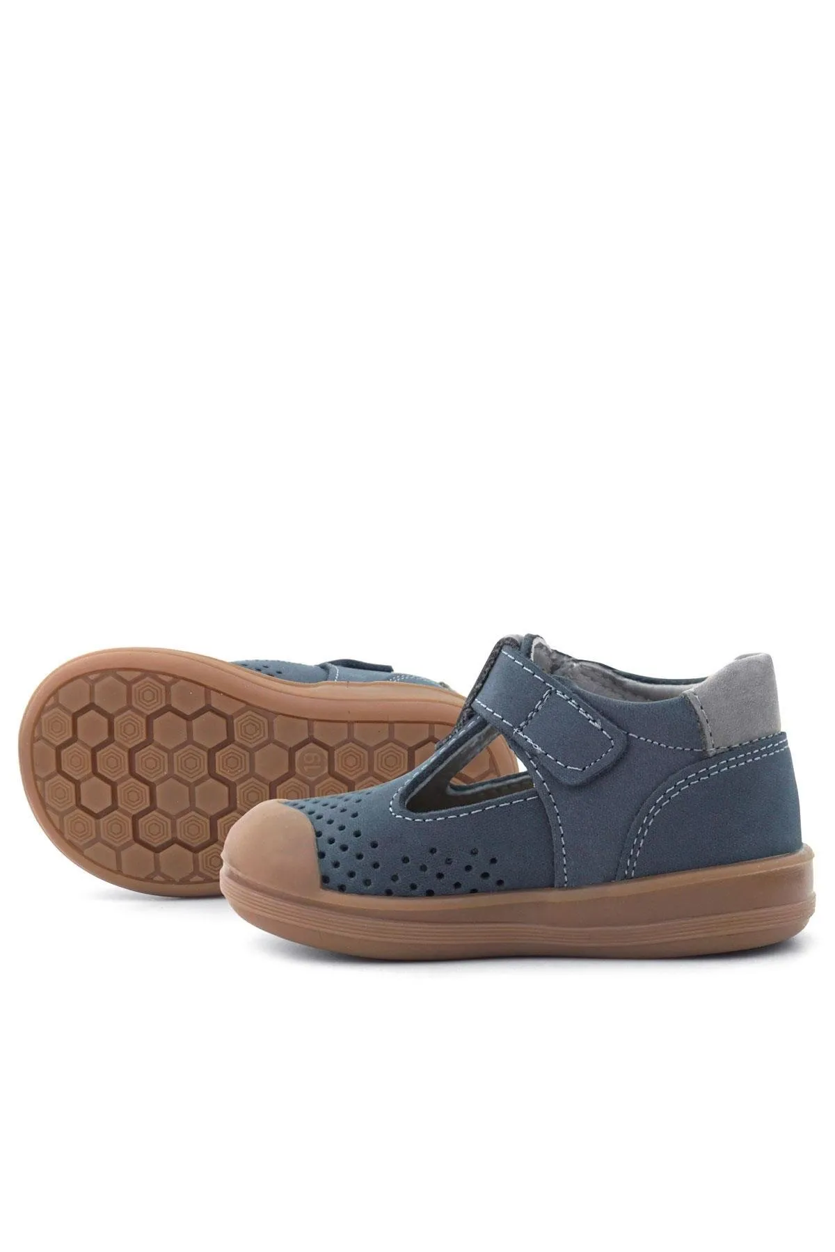 Shaun Hakiki Deri Lacivert Gri Cırtlı Anatomik Bebek Sandalet