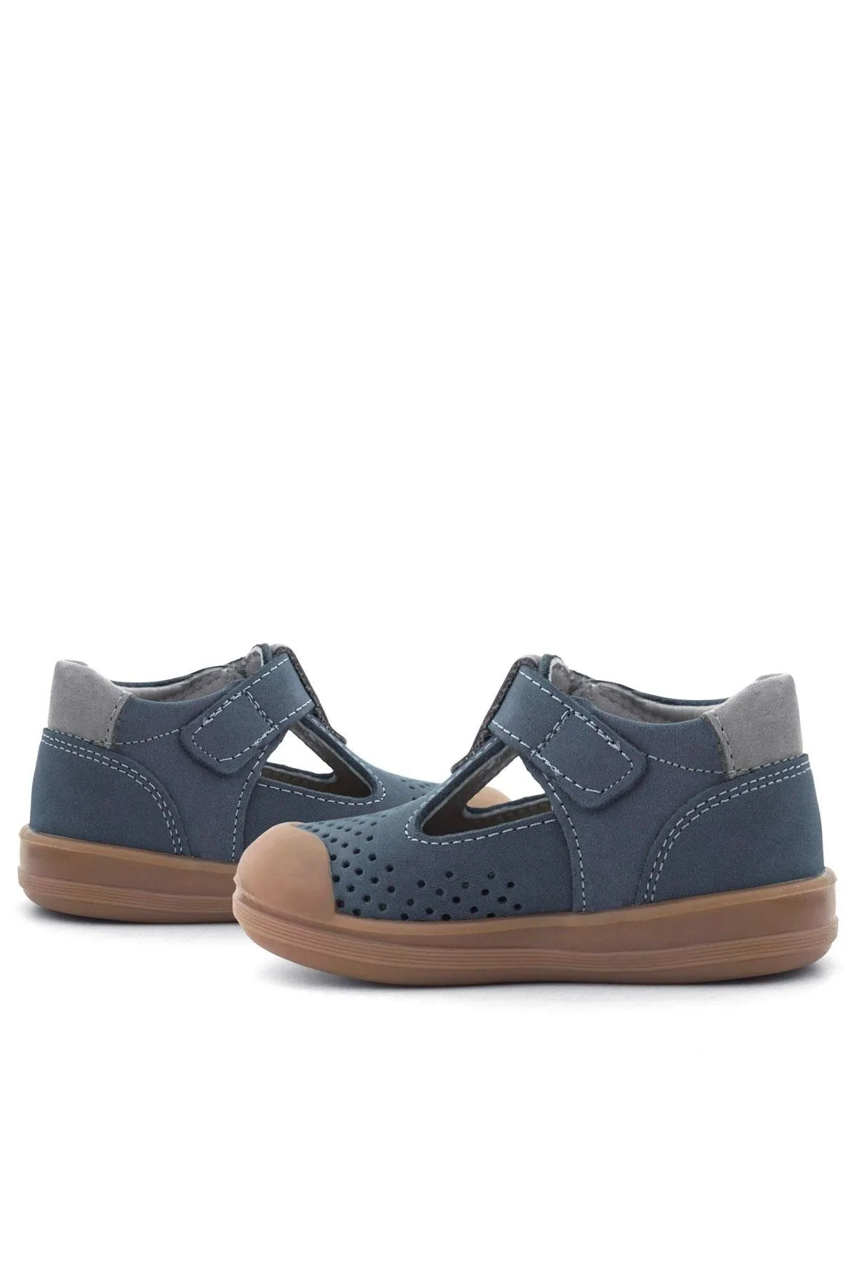 Shaun Hakiki Deri Lacivert Gri Cırtlı Anatomik Bebek Sandalet