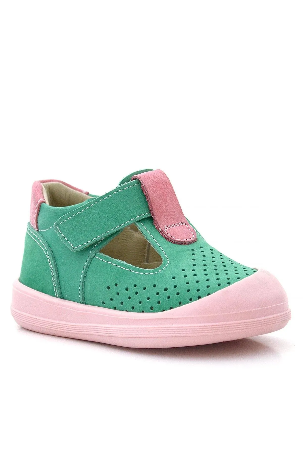 Shaun Hakiki Deri Su Yeşili Pembe Cırtlı Anatomik Kız Bebek Sandalet