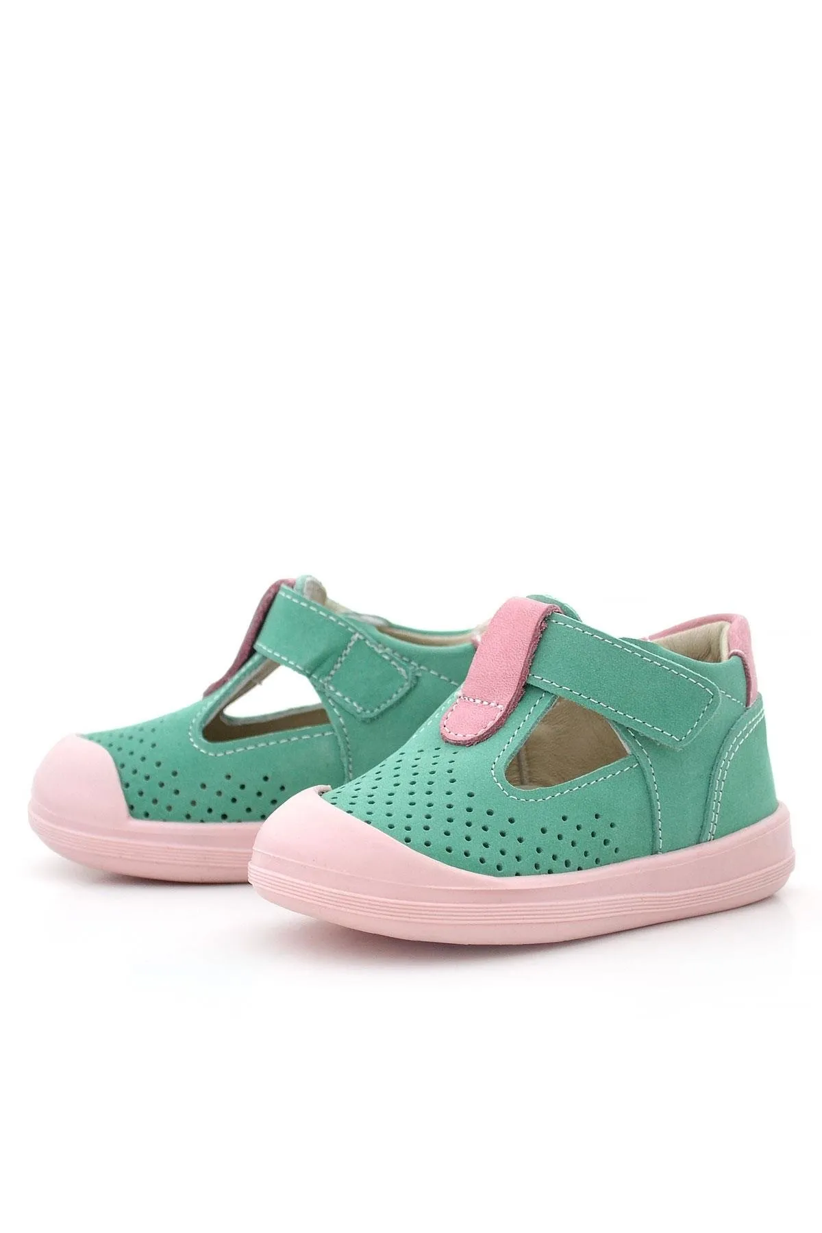 Shaun Hakiki Deri Su Yeşili Pembe Cırtlı Anatomik Kız Bebek Sandalet