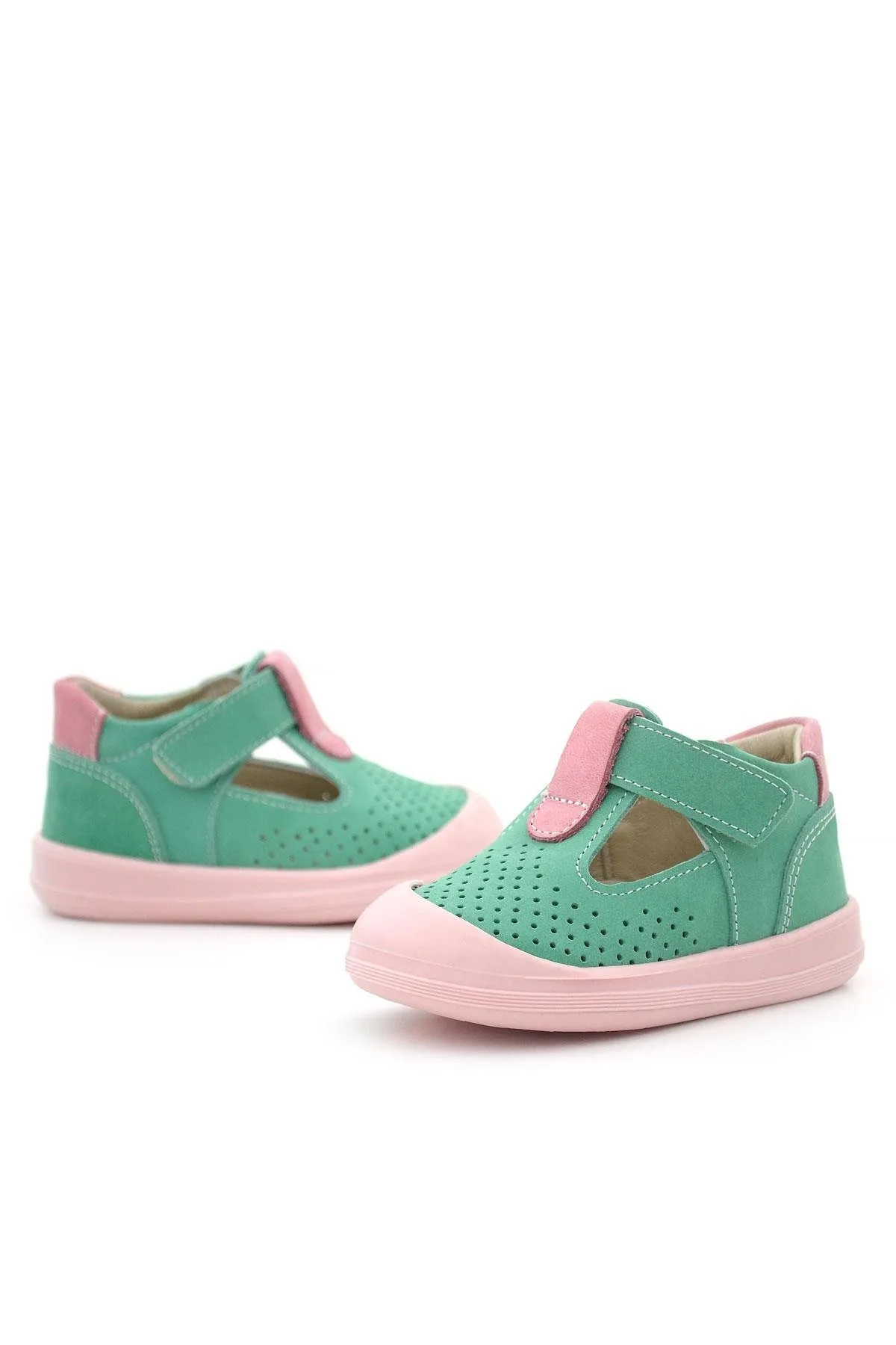 Shaun Hakiki Deri Su Yeşili Pembe Cırtlı Anatomik Kız Bebek Sandalet