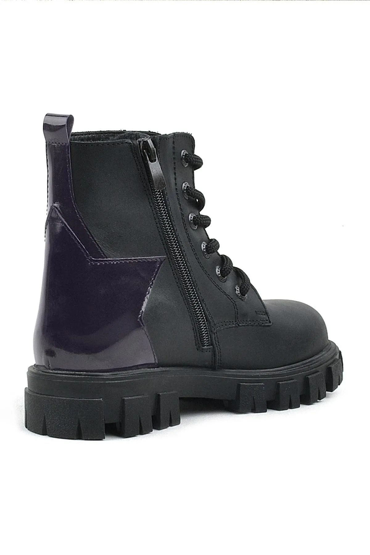 Siyah Hakiki Deri Platin Yıldız Detaylı Kız Çocuk Bot