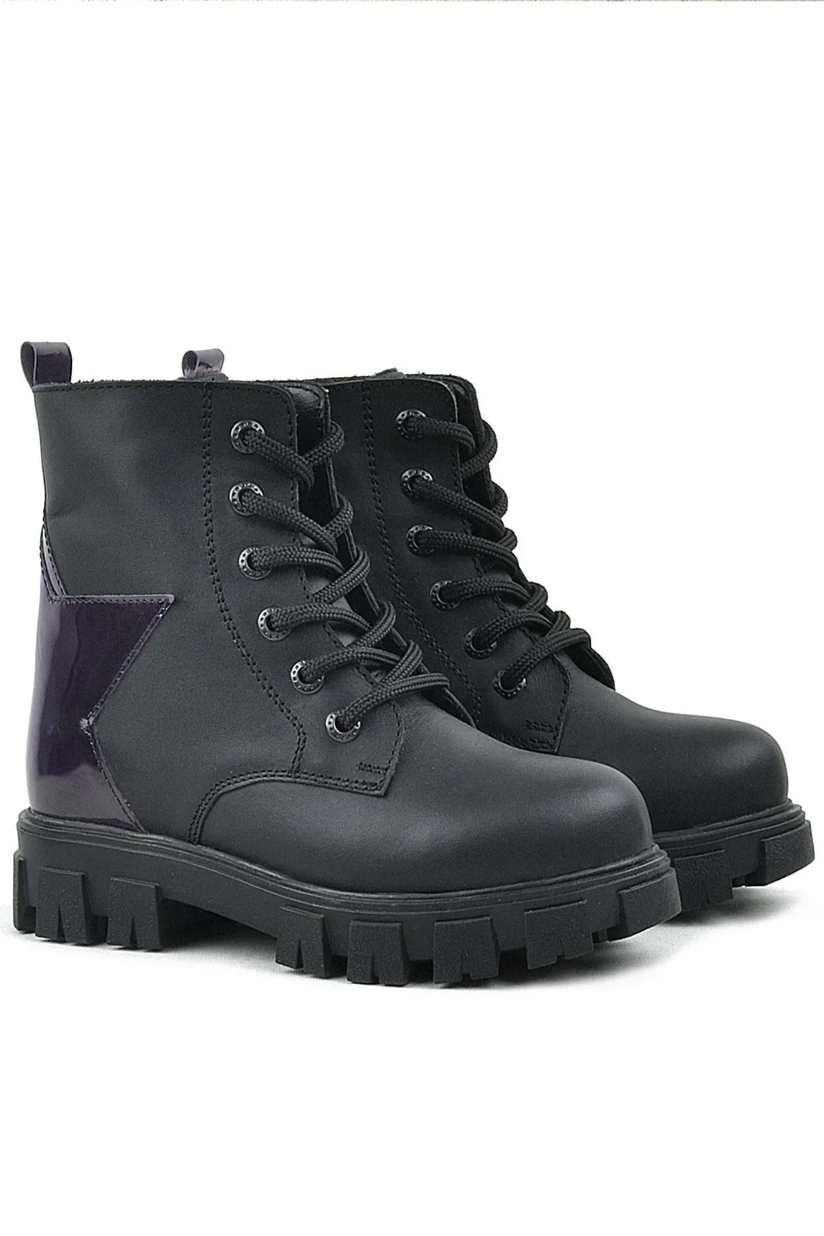 Siyah Hakiki Deri Platin Yıldız Detaylı Kız Çocuk Bot