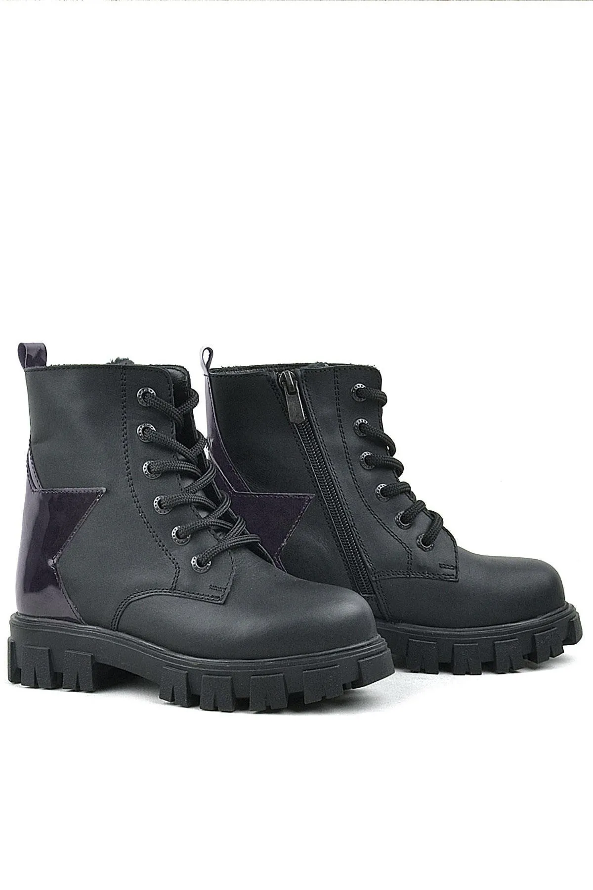 Siyah Hakiki Deri Platin Yıldız Detaylı Kız Çocuk Bot