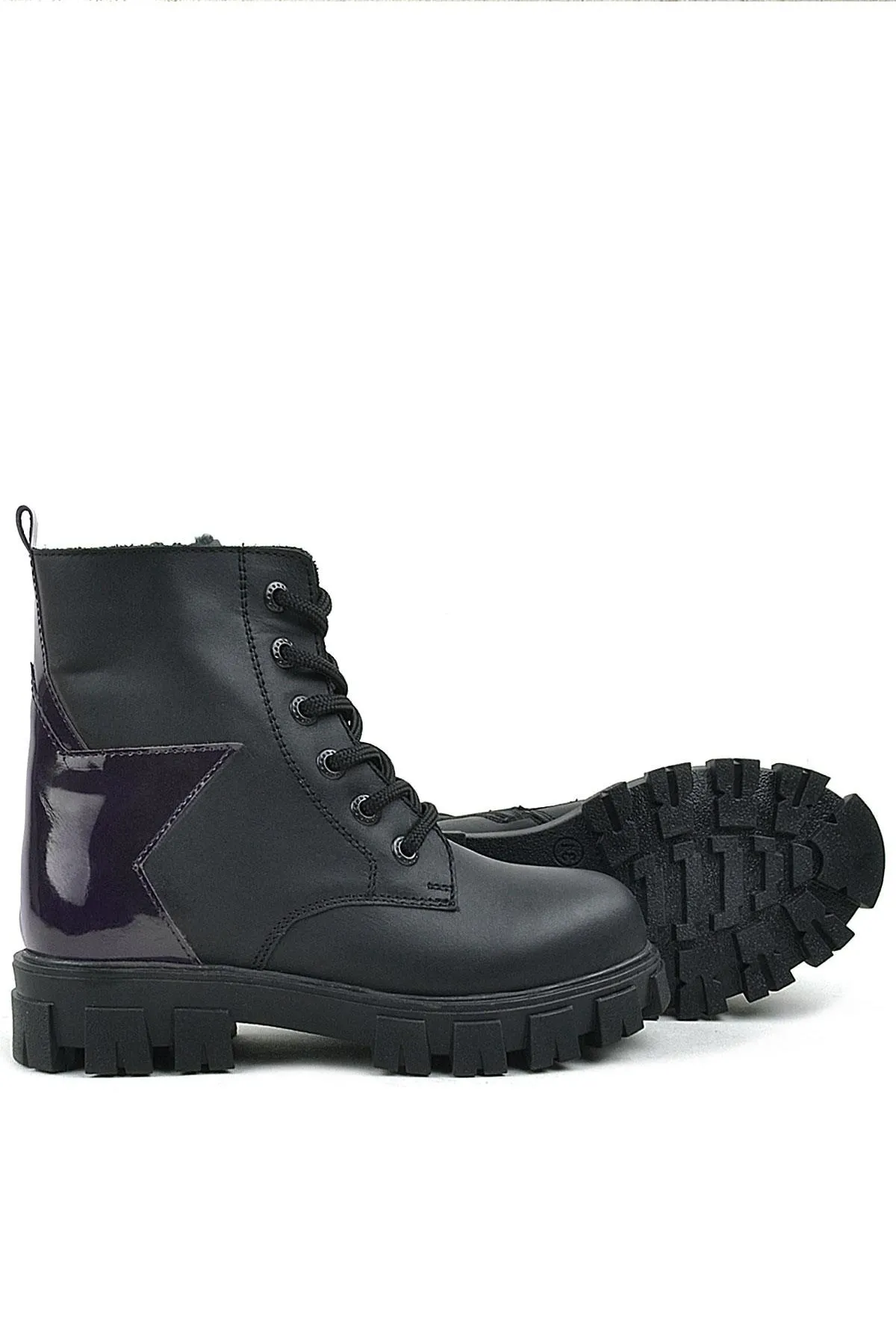 Siyah Hakiki Deri Platin Yıldız Detaylı Kız Çocuk Bot