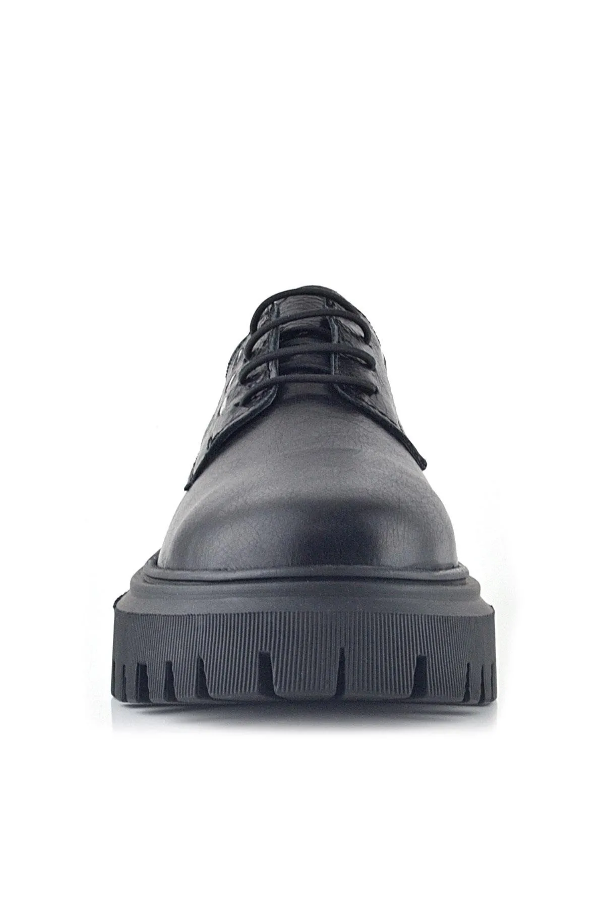 Siyah Kırışık Hakiki Deri Bağcıklı Metal Detaylı Günlükoxford Ayakkabı