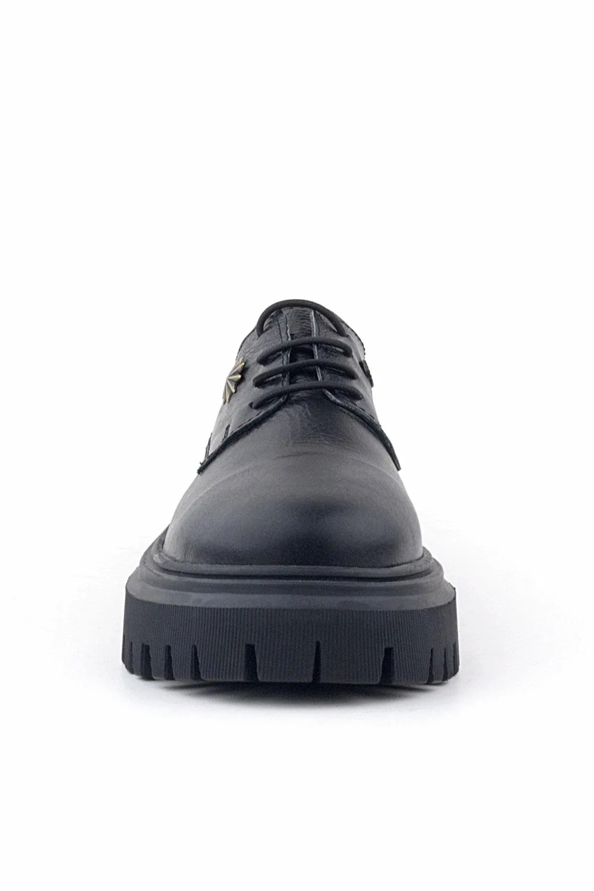 Siyah Kırışık Hakiki Deri Bağcıklı Toka Detaylı Kız Çocuk Oxford Ayakkabı