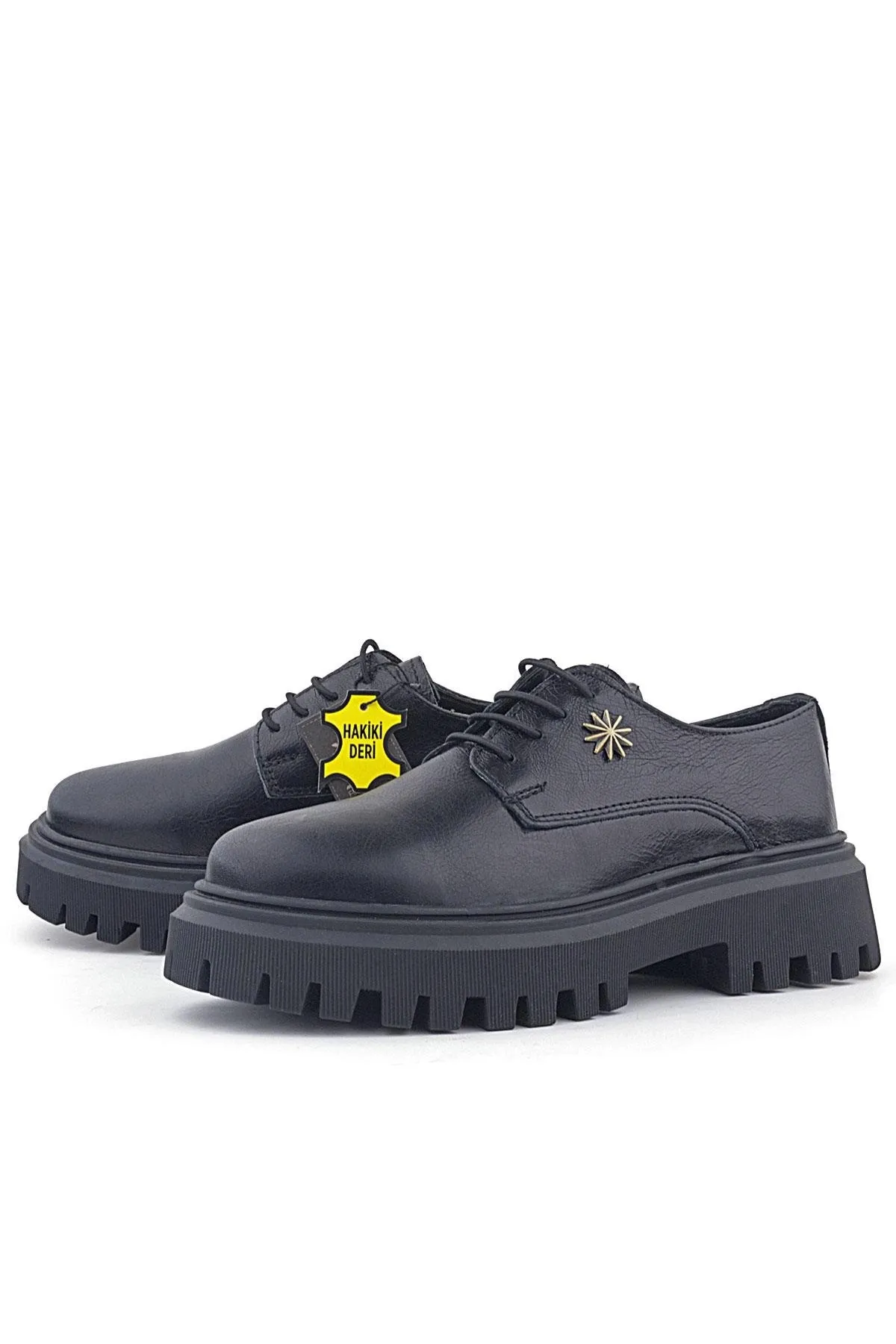 Siyah Kırışık Hakiki Deri Bağcıklı Toka Detaylı Kız Çocuk Oxford Ayakkabı