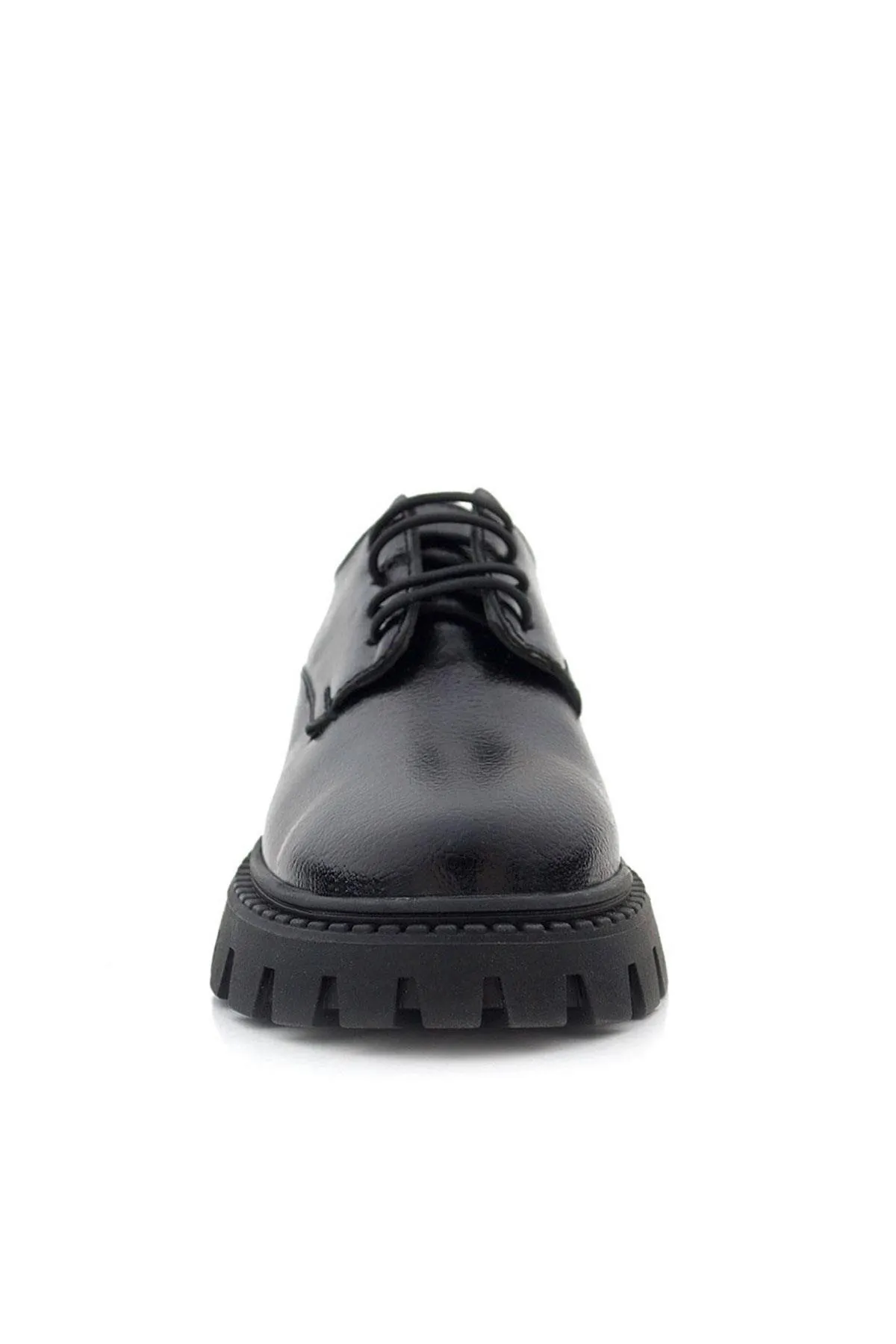 Siyah Kırışık Rugan Bağcıklı Kız Çocuk Oxford Okul Ayakkabı