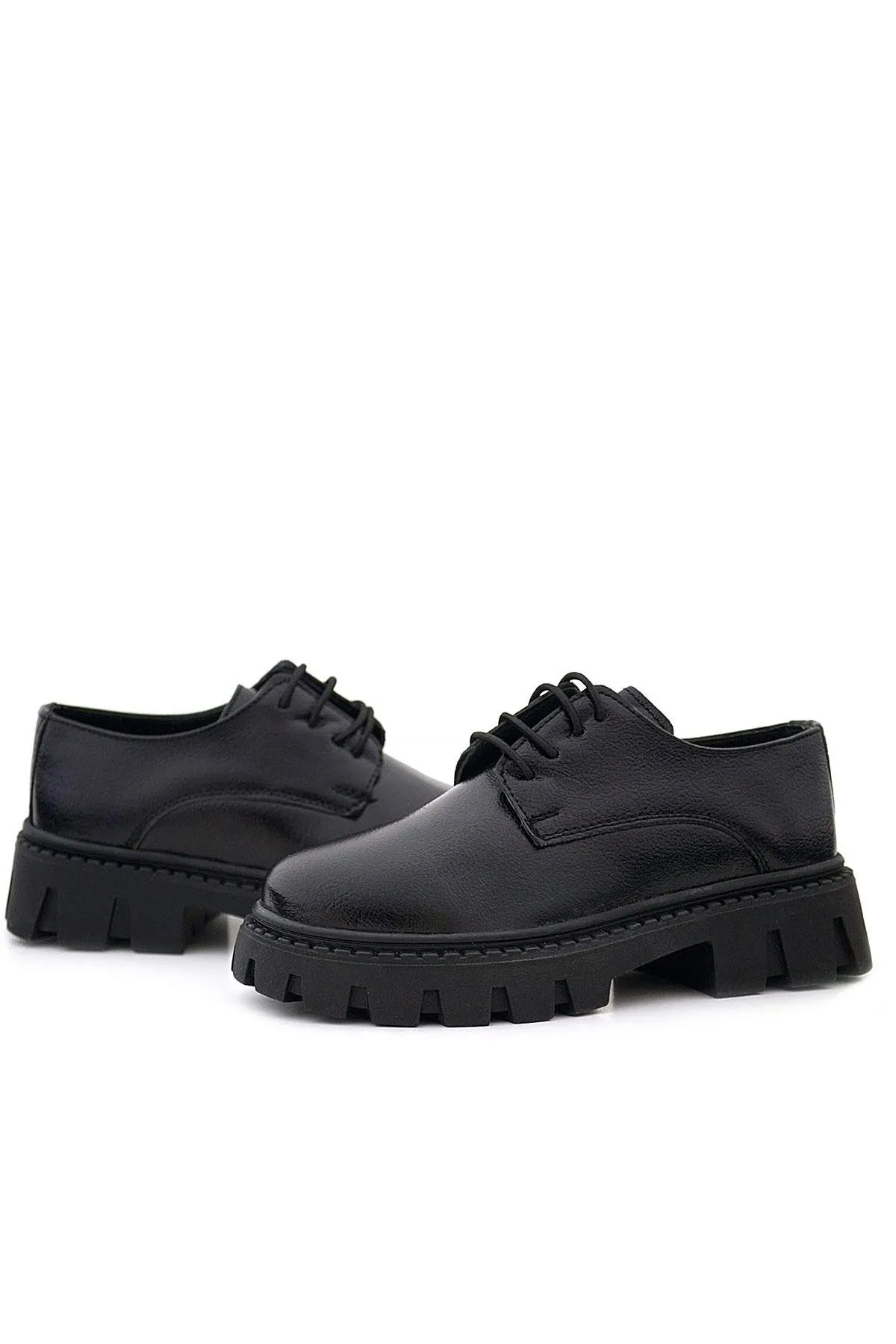 Siyah Kırışık Rugan Bağcıklı Kız Çocuk Oxford Okul Ayakkabı