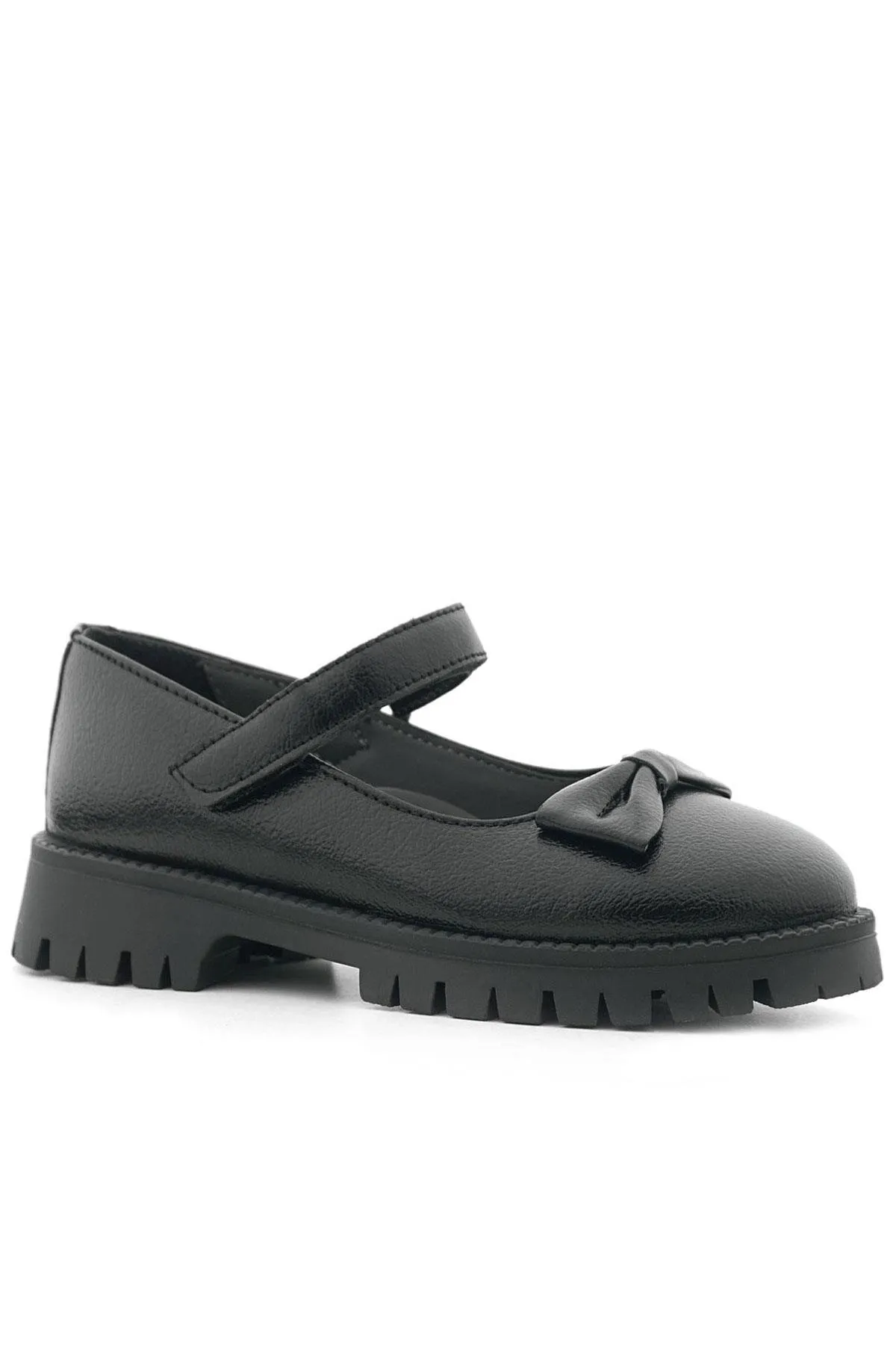 Siyah Kırışık Rugan Kalın Tabanlı Cırtlı Kız Çocuk Babet