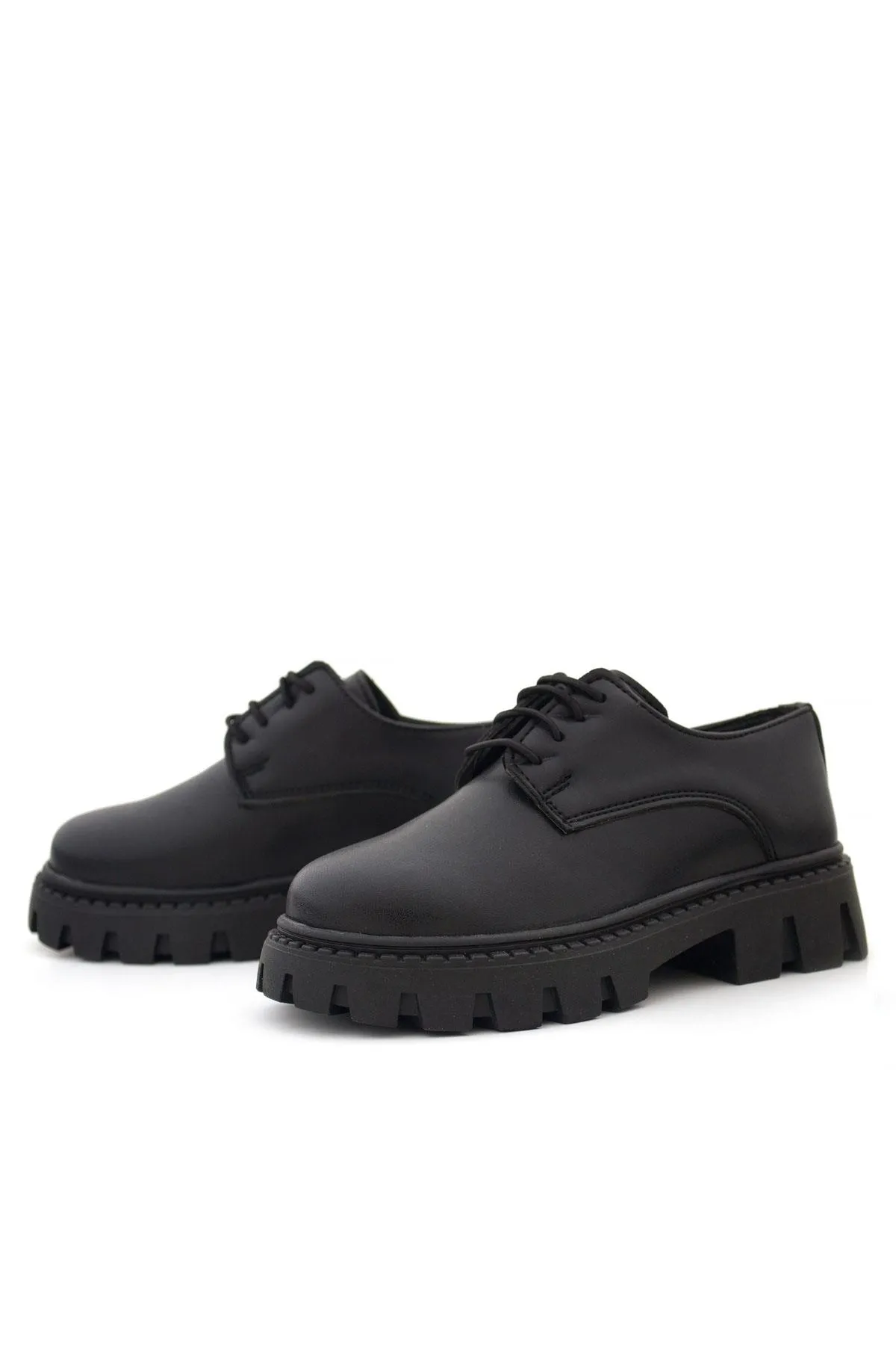 Siyah Mat Bağcıklı Kız Çocuk Oxford Okul Ayakkabı